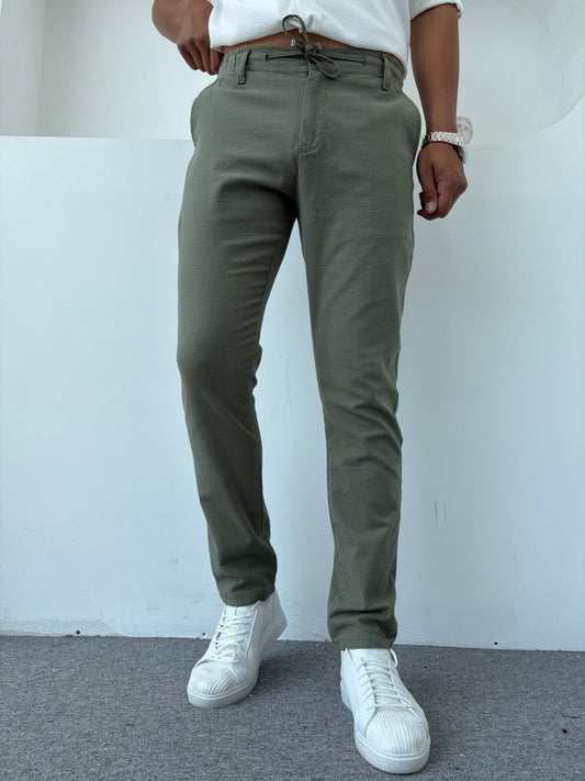 REGULAR FİT KALIP LİKRALI KETEN PANTOLON YEŞİL