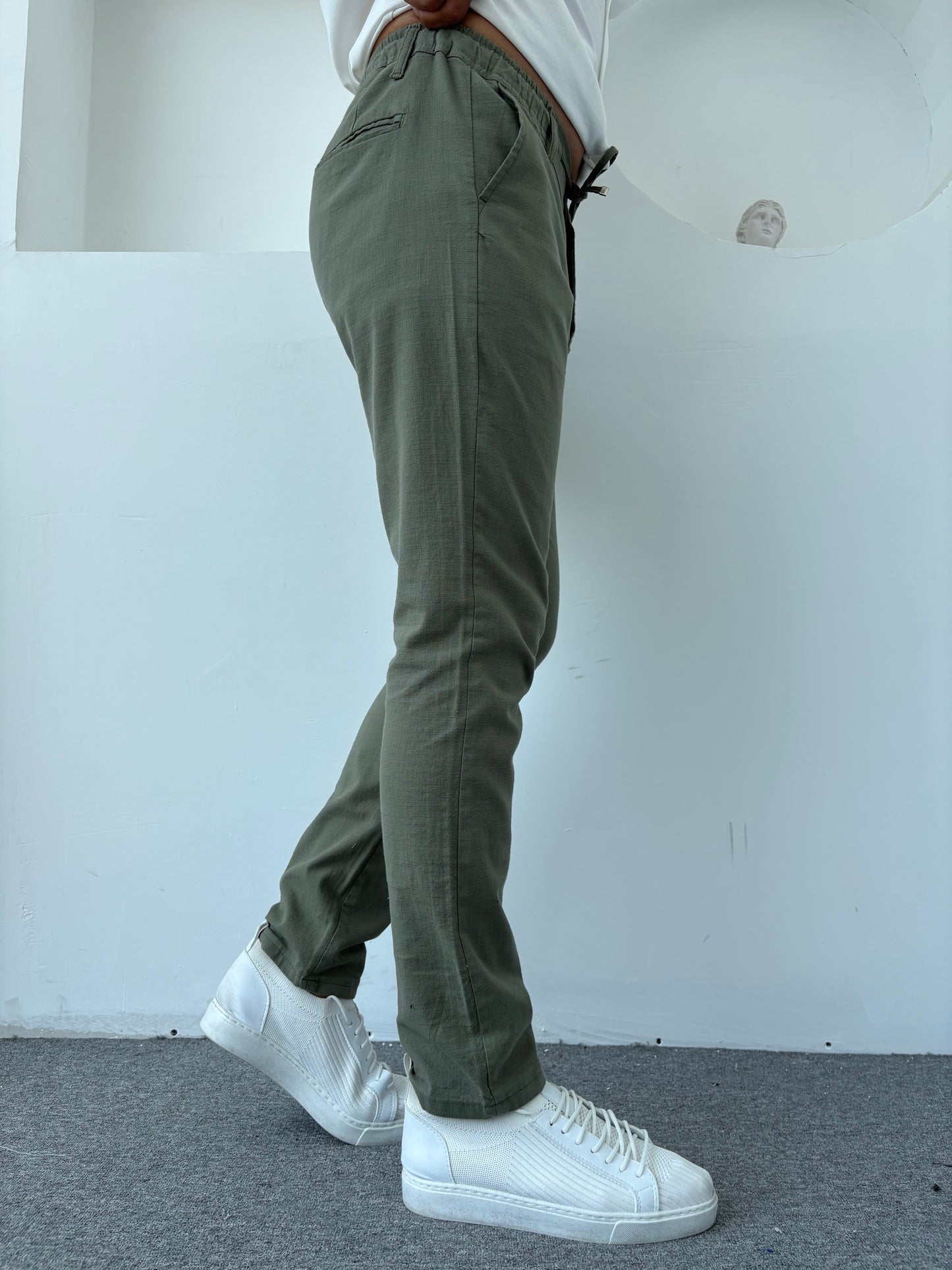 REGULAR FİT KALIP LİKRALI KETEN PANTOLON YEŞİL
