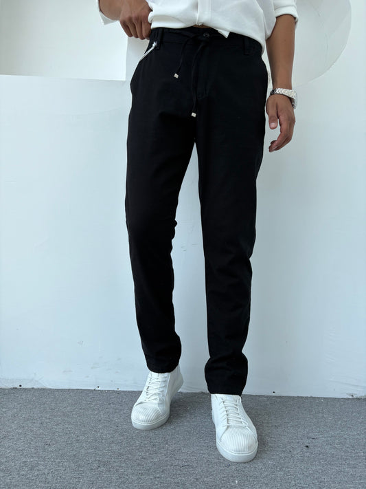 REGULAR FİT KALIP LİKRALI KETEN PANTOLON SİYAH