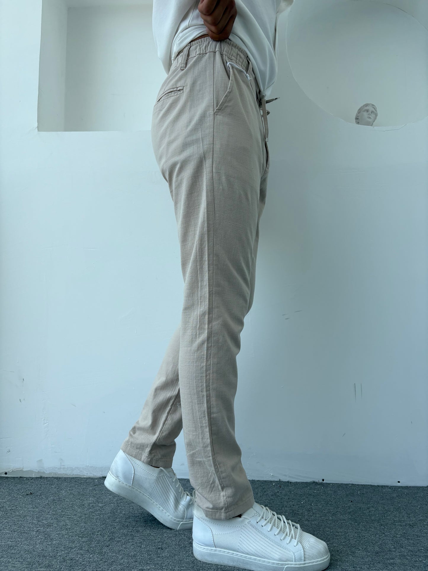 REGULAR FİT KALIP LİKRALI KETEN PANTOLON BEJ