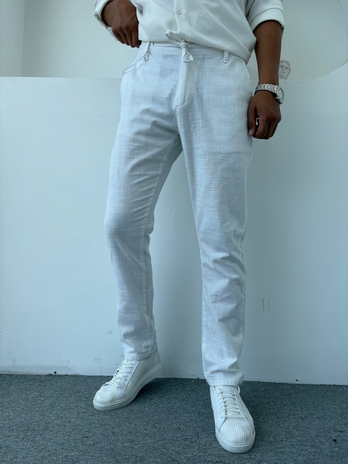 REGULAR FİT KALIP LİKRALI KETEN PANTOLON BEYAZ