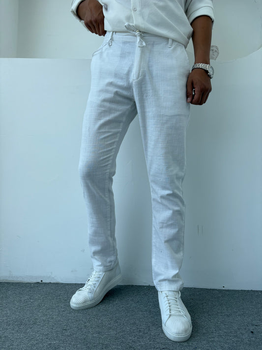 REGULAR FİT KALIP LİKRALI KETEN PANTOLON BEYAZ