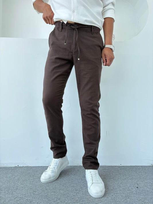 REGULAR FİT KALIP LİKRALI KETEN PANTOLON ACI KAHVE