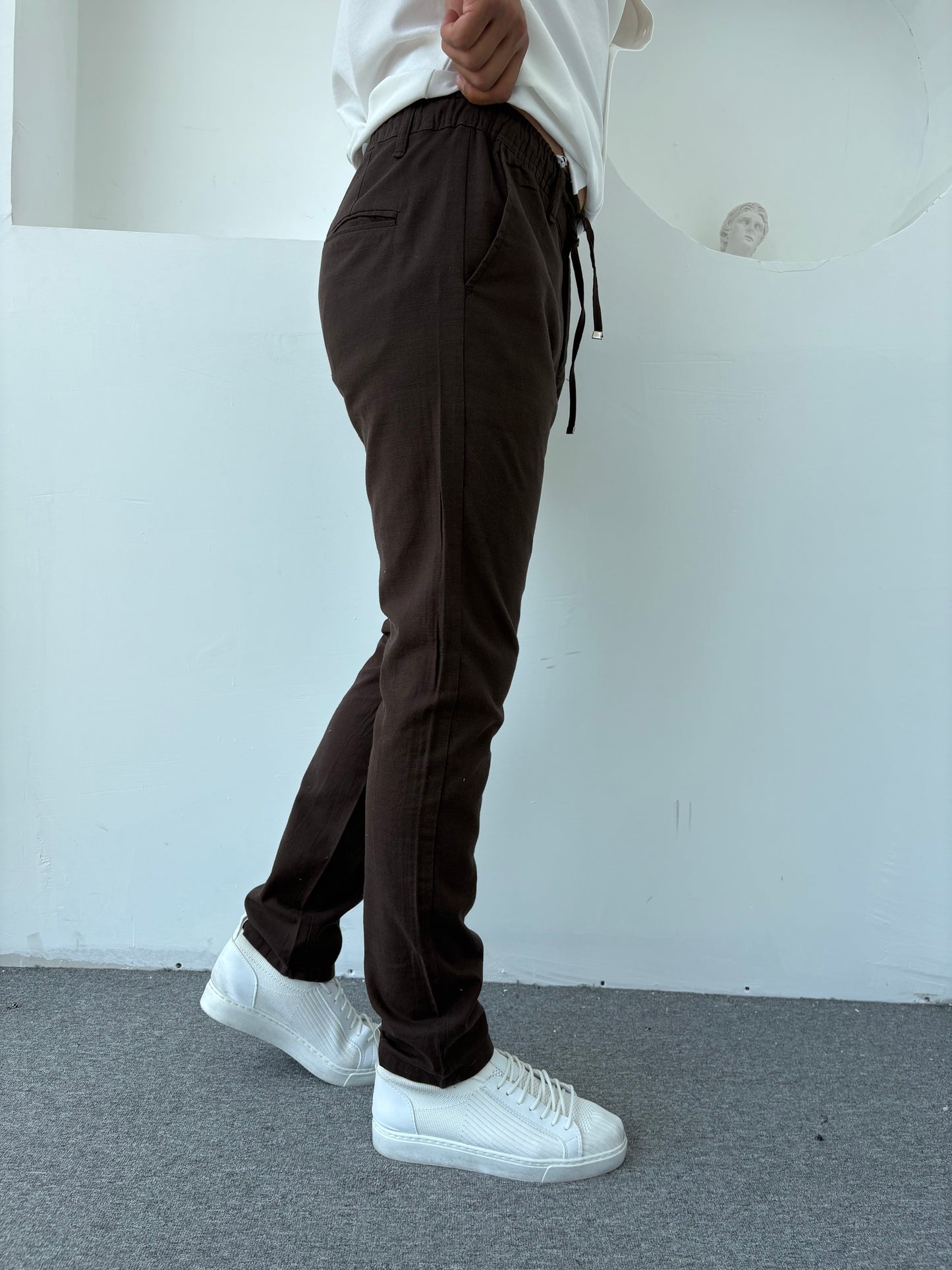 REGULAR FİT KALIP LİKRALI KETEN PANTOLON ACI KAHVE