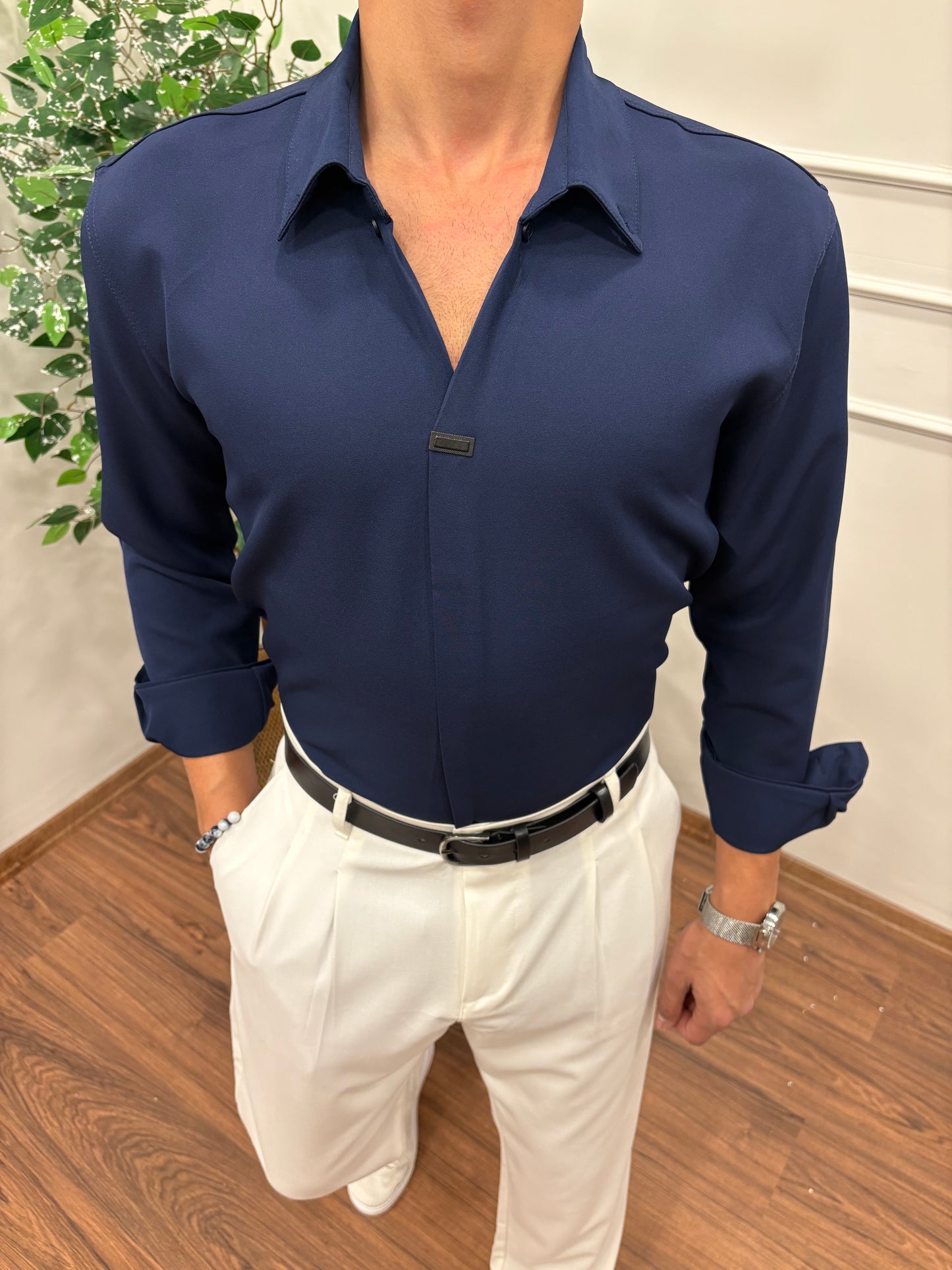 V YAKA DABIL KUMAŞ GÖMLEK LACİVERT