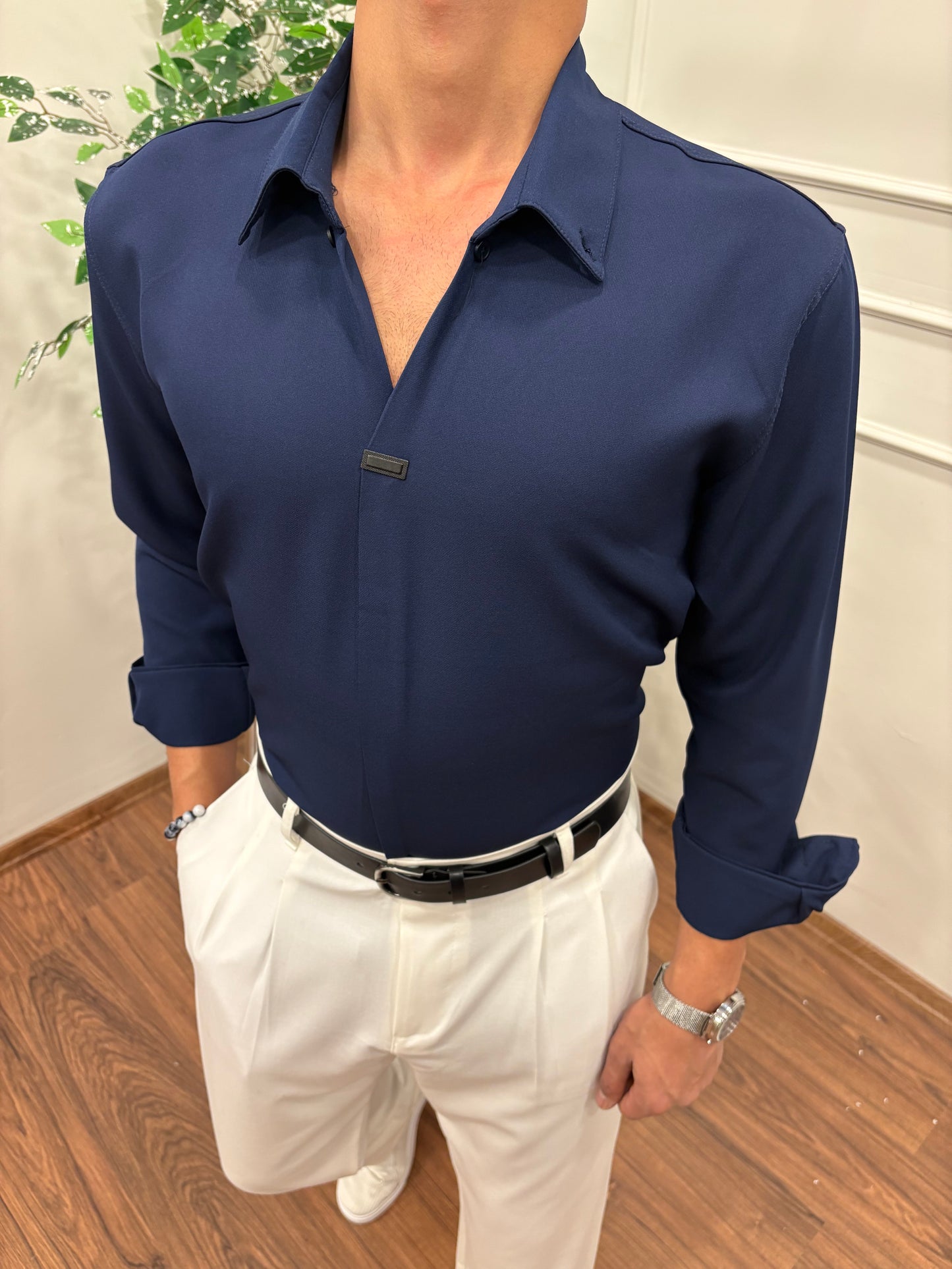 V YAKA DABIL KUMAŞ GÖMLEK LACİVERT