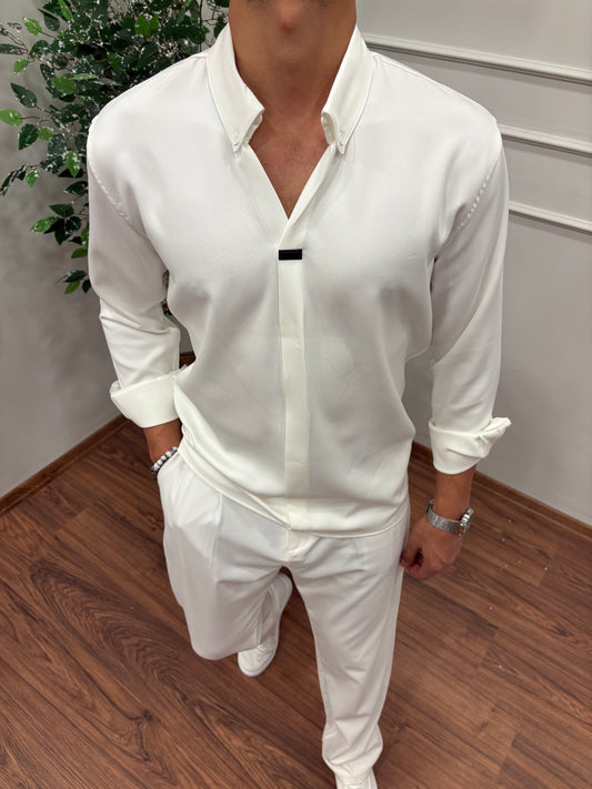 V YAKA DABIL KUMAŞ GÖMLEK BEYAZ