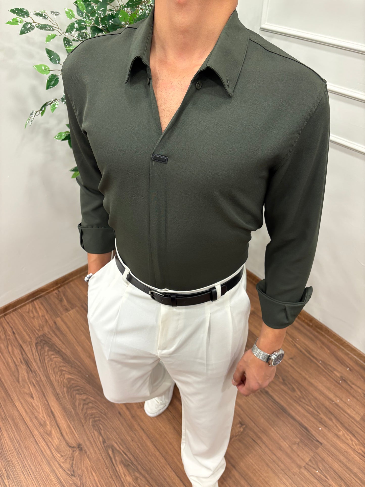 V YAKA DABIL KUMAŞ GÖMLEK HAKİ YEŞİLİ