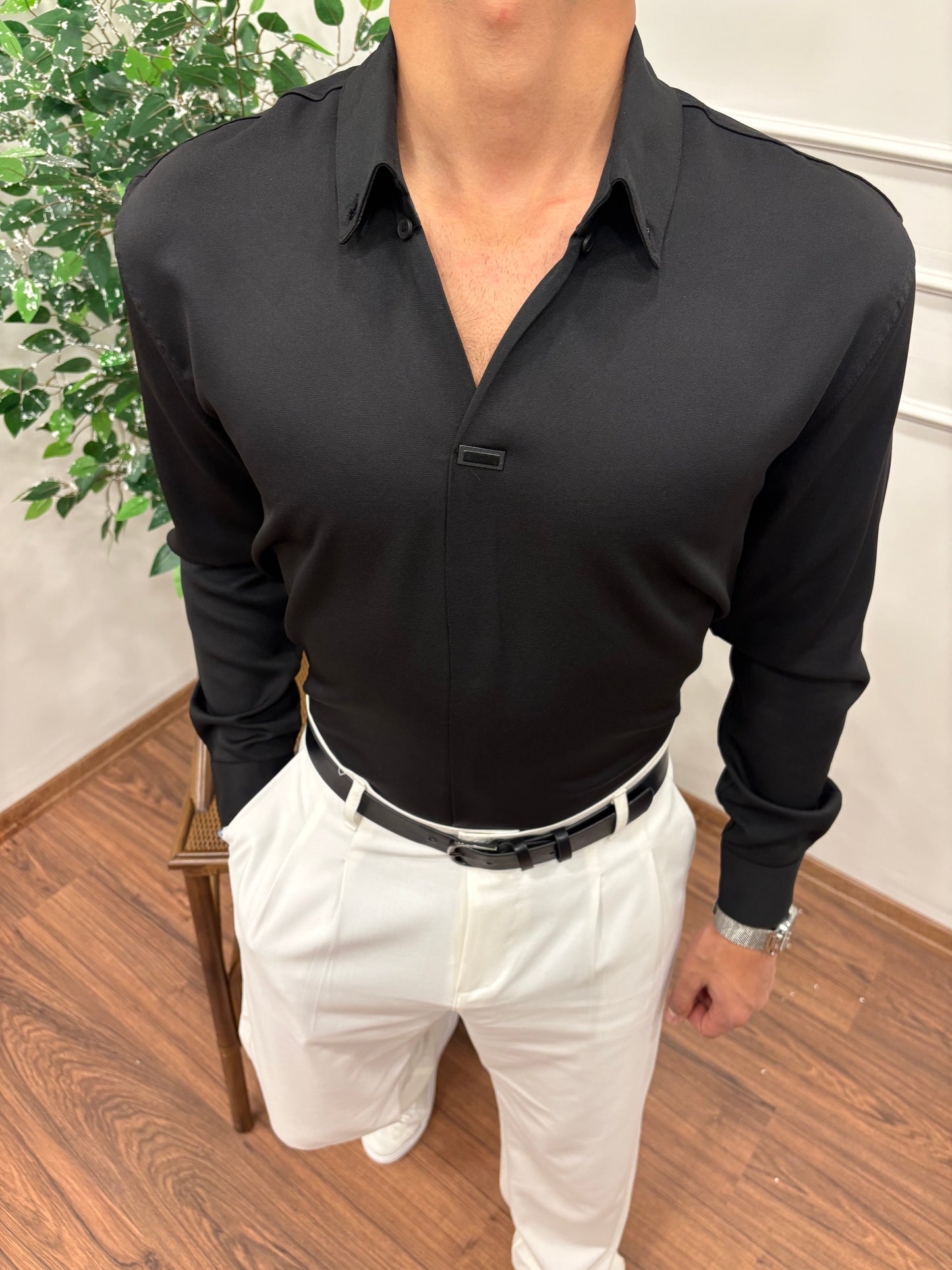 V YAKA DABIL KUMAŞ GÖMLEK SİYAH