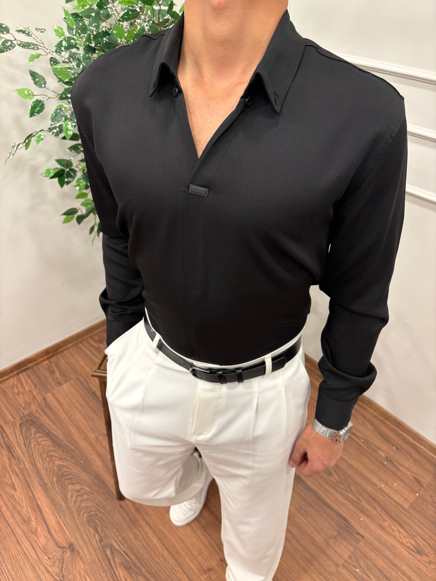 V YAKA DABIL KUMAŞ GÖMLEK SİYAH