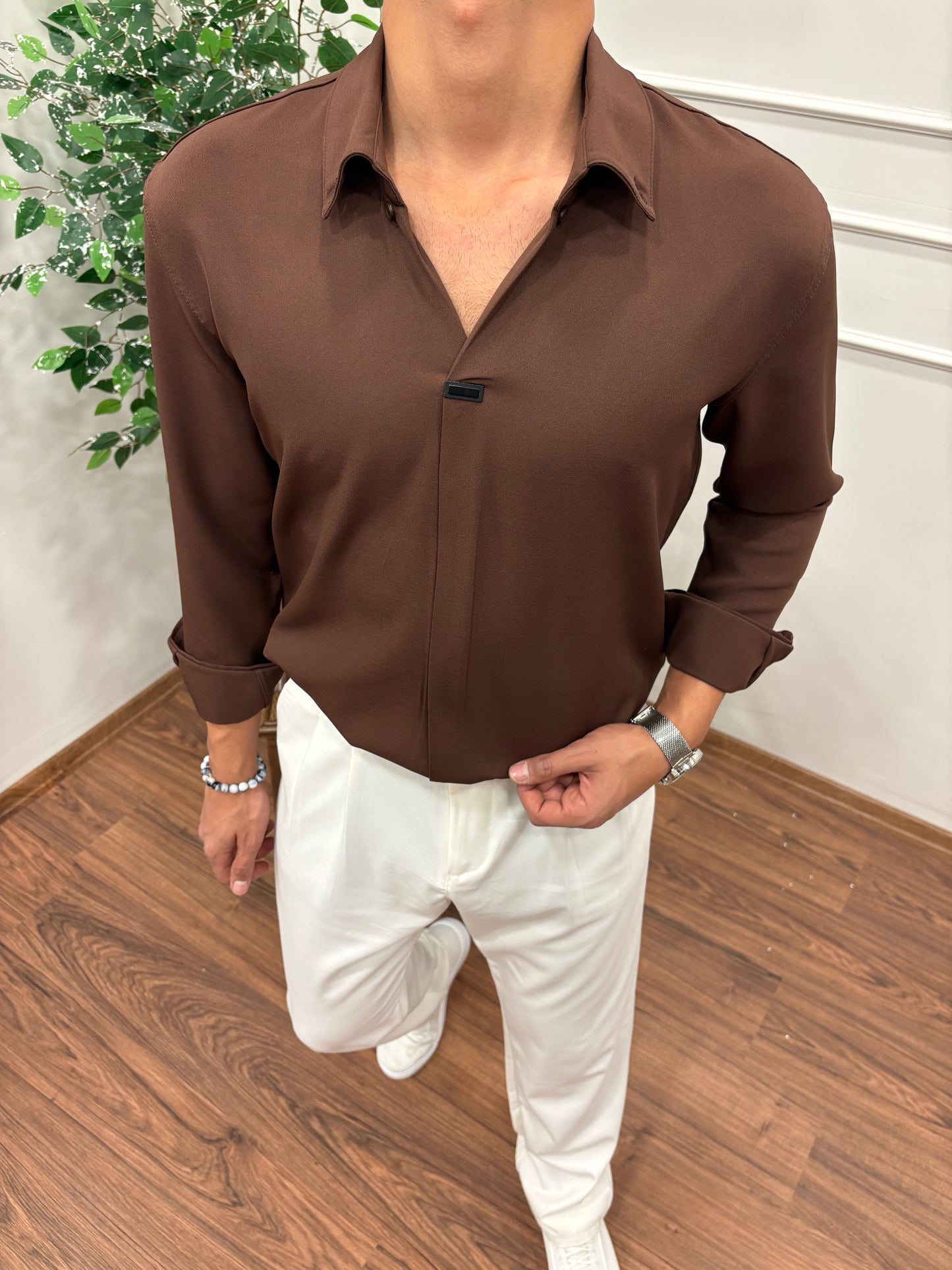 V YAKA DABIL KUMAŞ GÖMLEK KAHVE