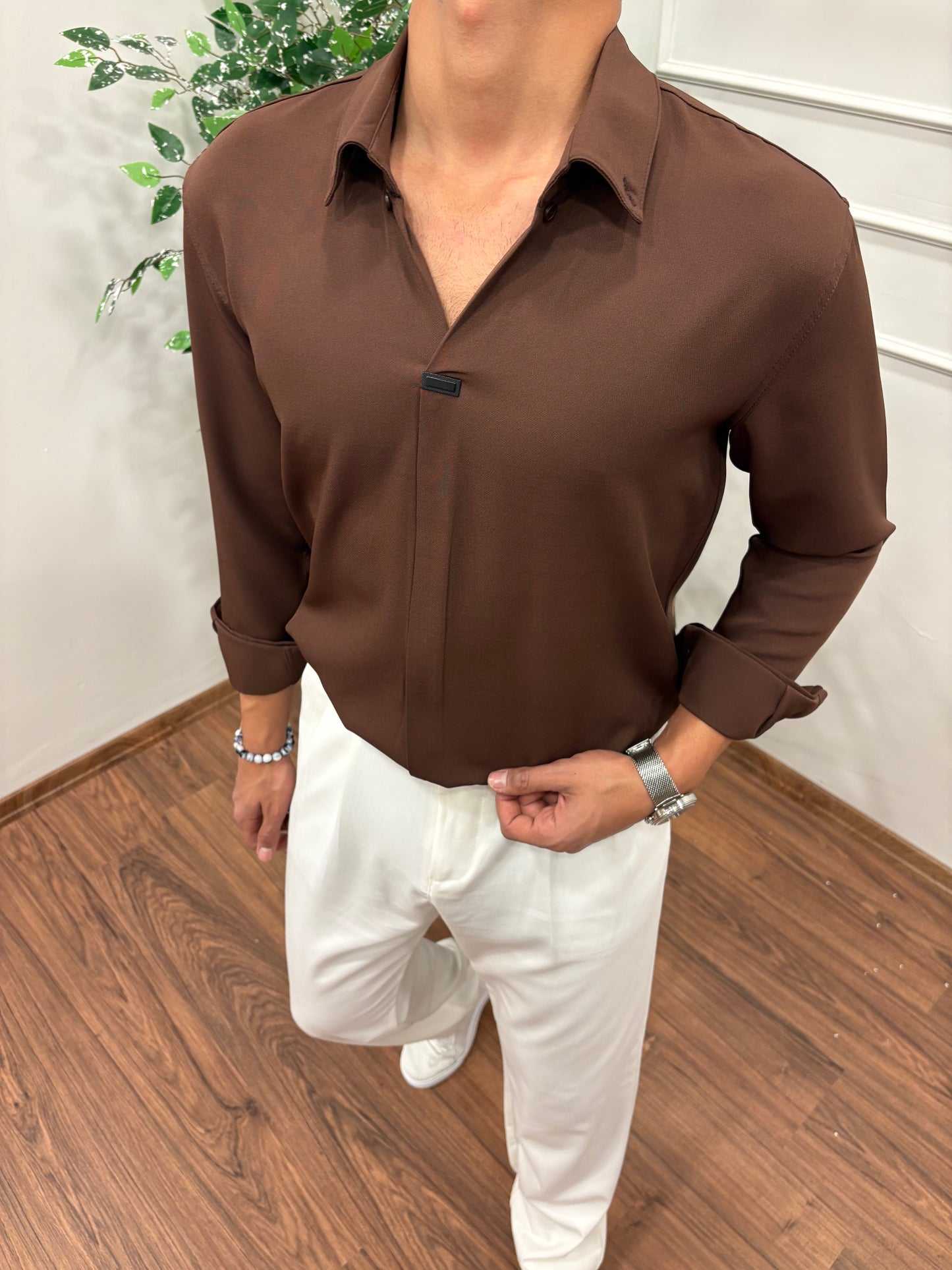 V YAKA DABIL KUMAŞ GÖMLEK KAHVE