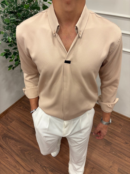 V YAKA DABIL KUMAŞ GÖMLEK BEJ