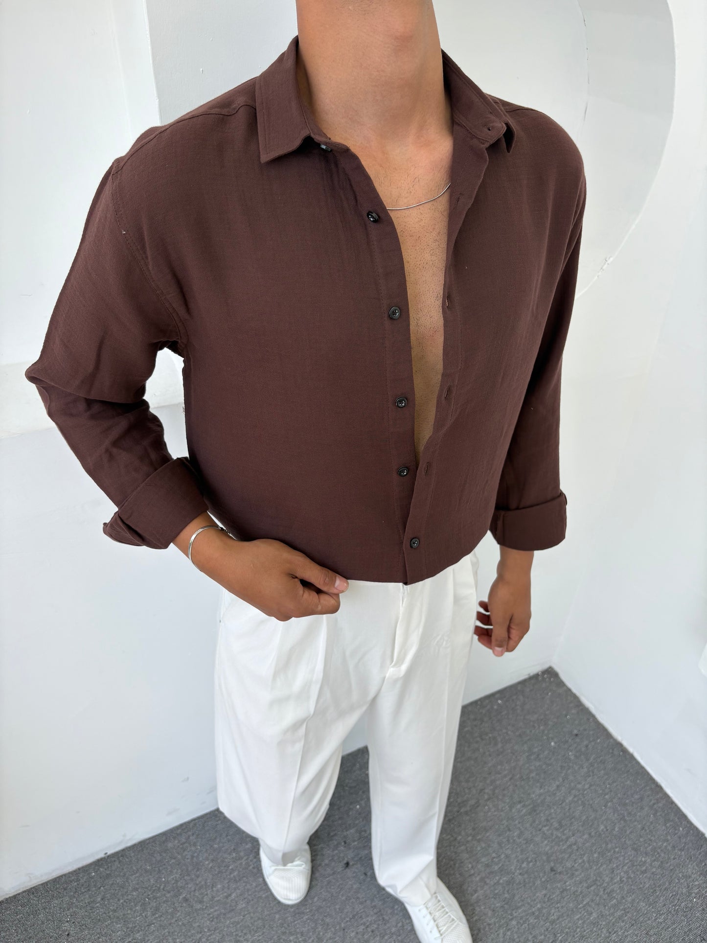 %100 Pamuk Basic Müslim Kumaş Gömlek KAHVE