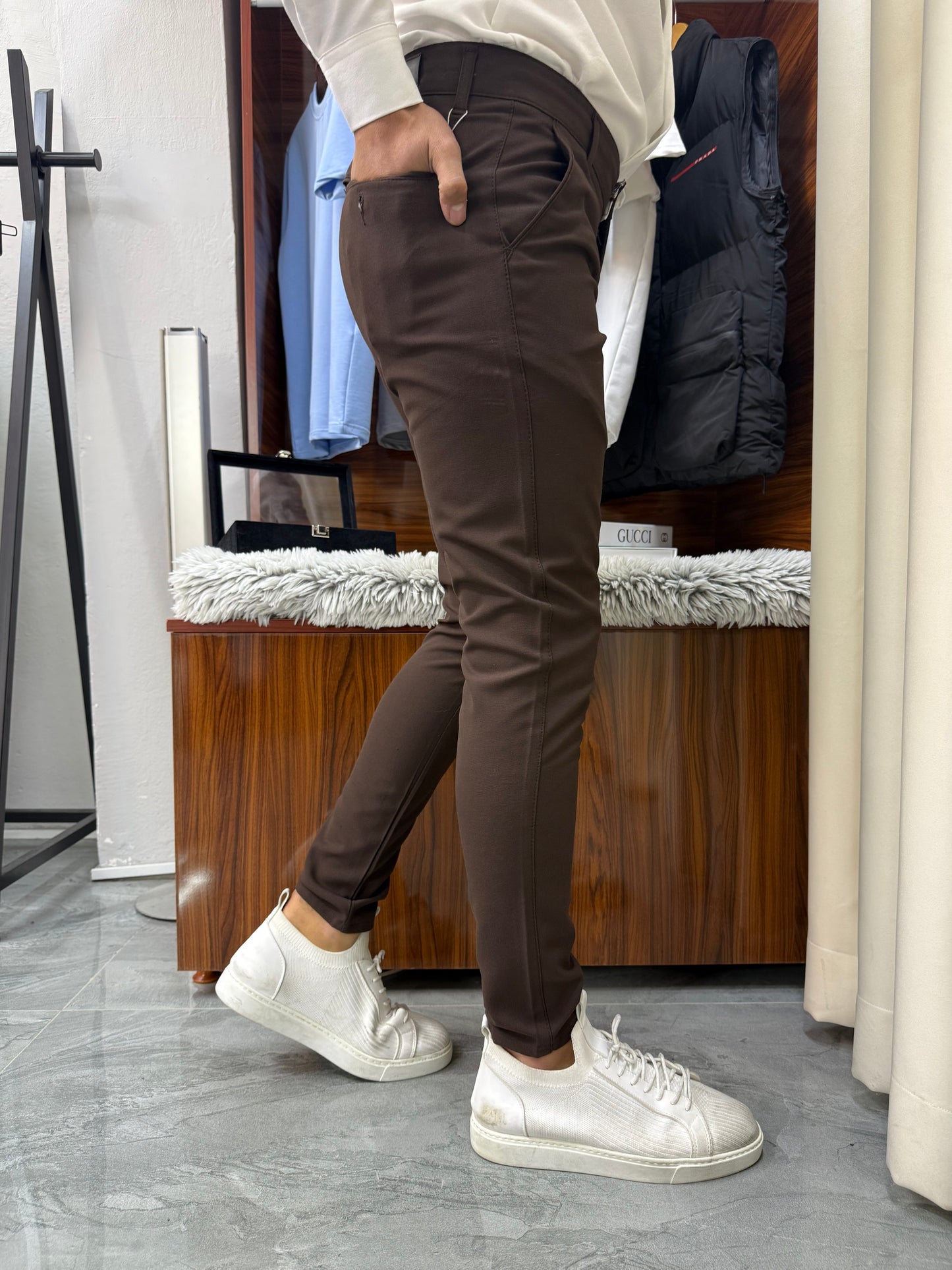 Slim Kalıp Kumaş Pantolon Acı Kahve