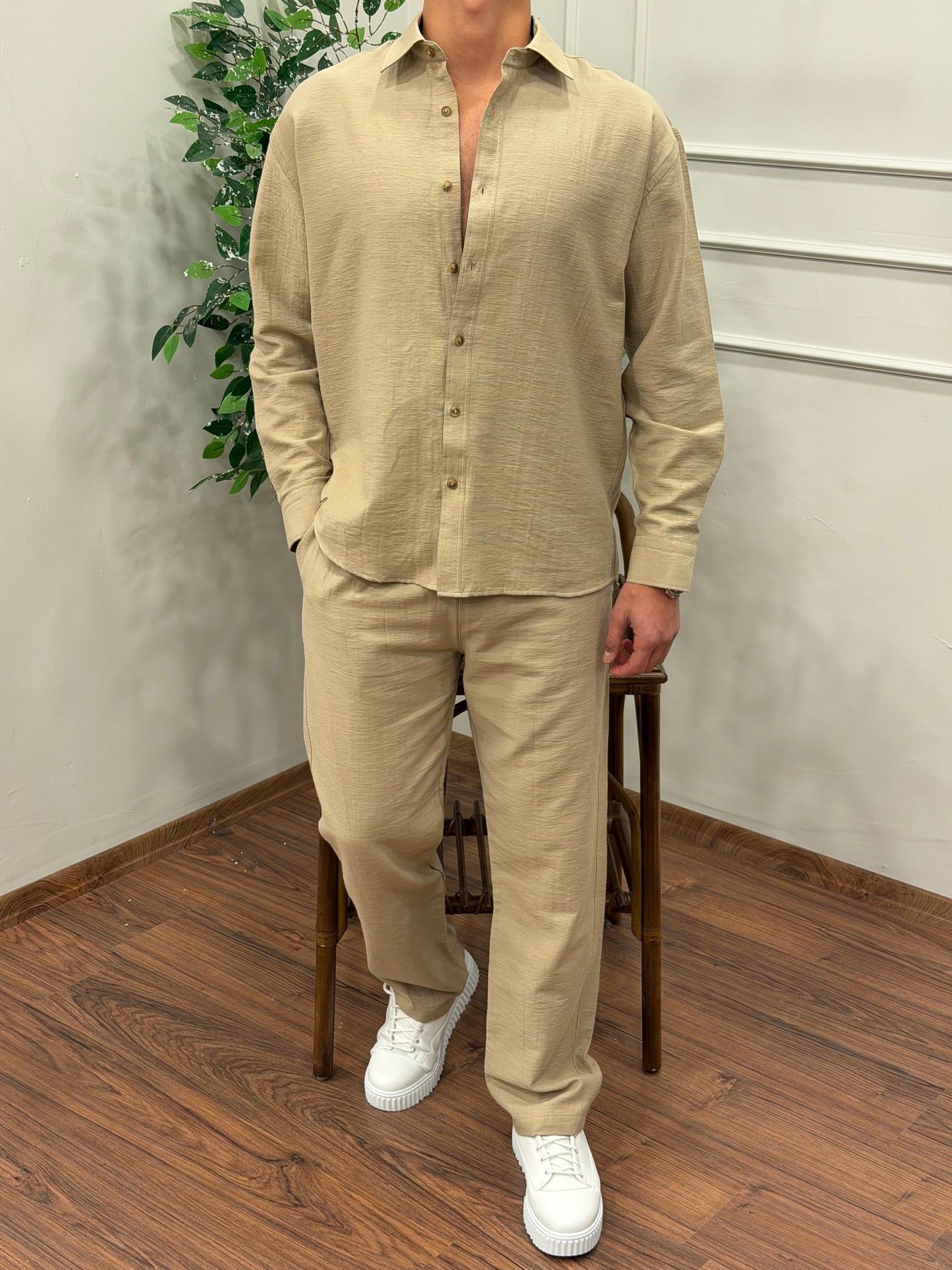 VİSKON KUMAŞ GÖMLEKLİ TAKIM BEJ