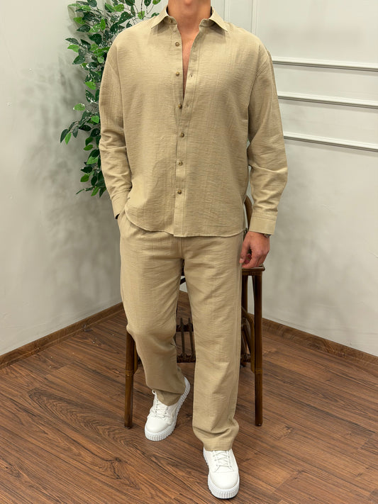 VİSKON KUMAŞ GÖMLEKLİ TAKIM BEJ