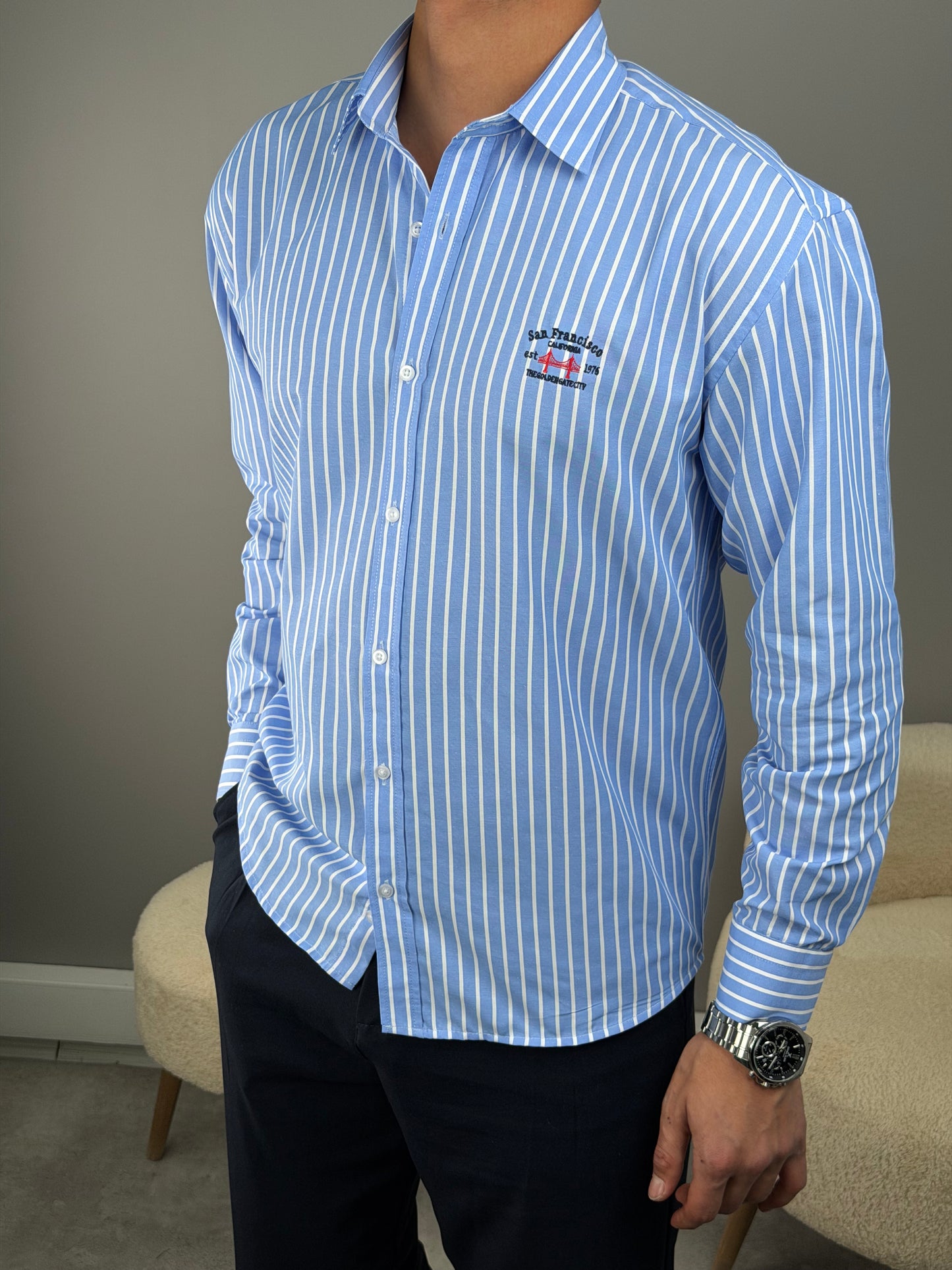 ÇİZGİLİ DİK YAKA KETEN GÖMLEK BEBE MAVİSİ