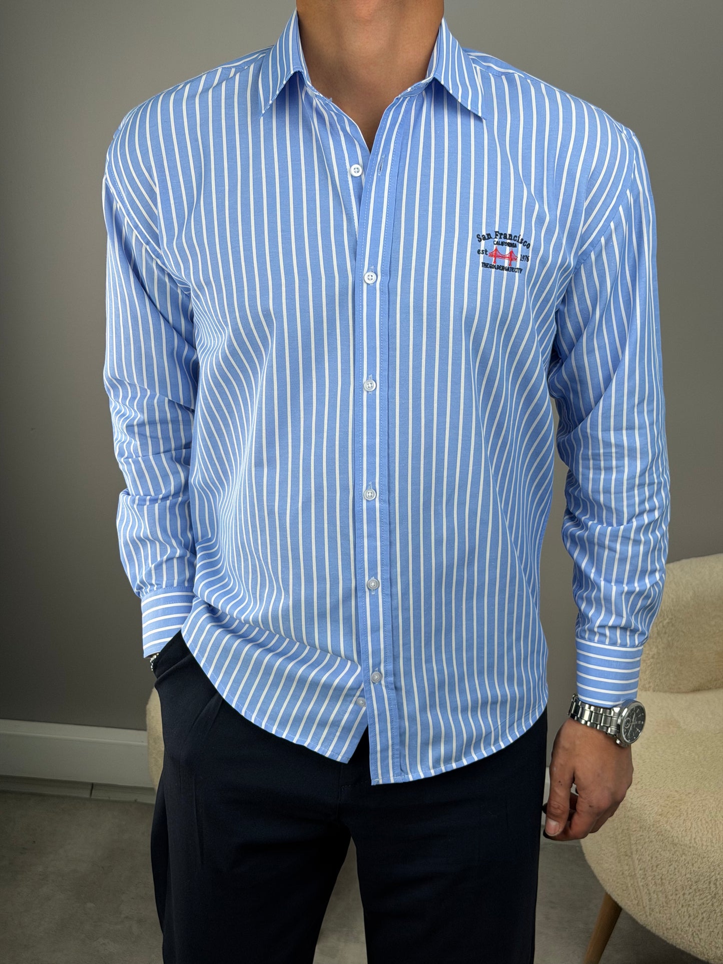 ÇİZGİLİ DİK YAKA KETEN GÖMLEK BEBE MAVİSİ