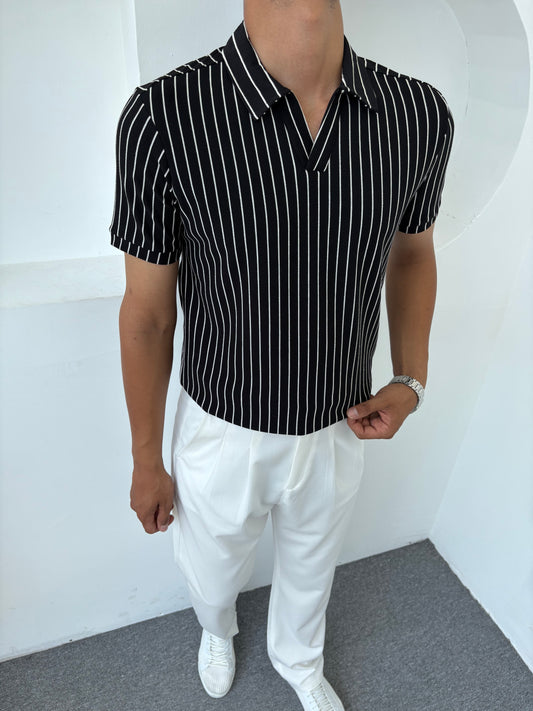 Çizgili Polo Yaka Tshirt  Siyah