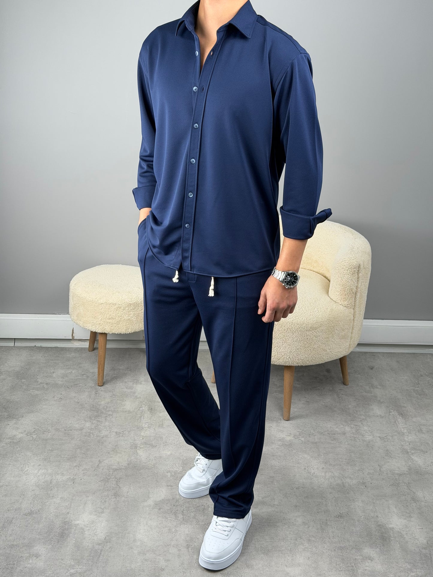 ÇİMA DETAYLI OVERSİZE GÖMLEKLİ TAKIM LACİVERT