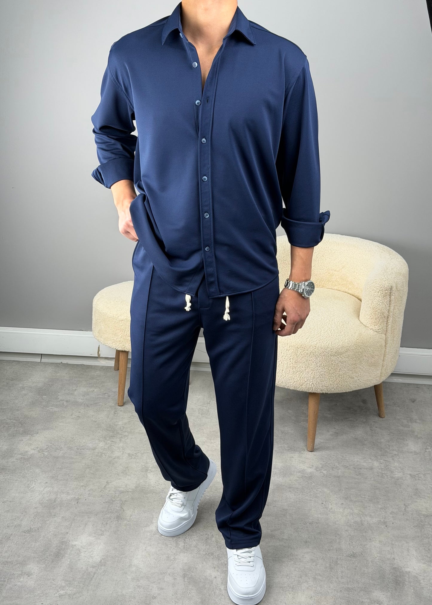 ÇİMA DETAYLI OVERSİZE GÖMLEKLİ TAKIM LACİVERT