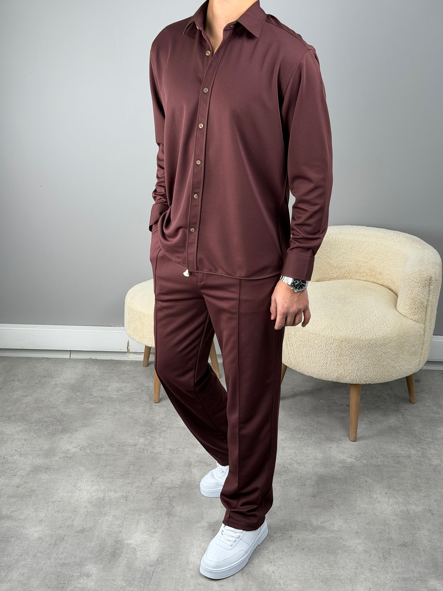 ÇİMA DETAYLI OVERSİZE GÖMLEKLİ TAKIM ACI KAHVE