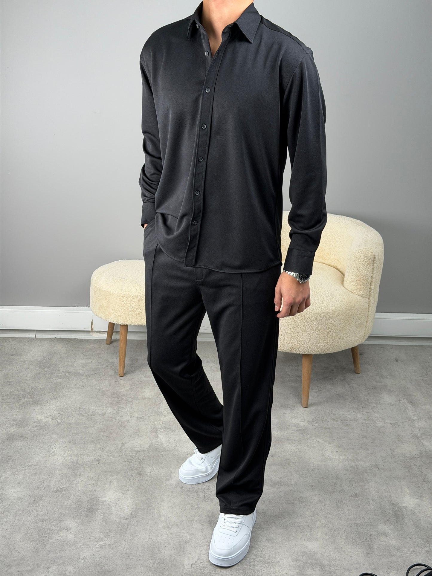 ÇİMA DETAYLI OVERSİZE GÖMLEKLİ TAKIM SİYAH