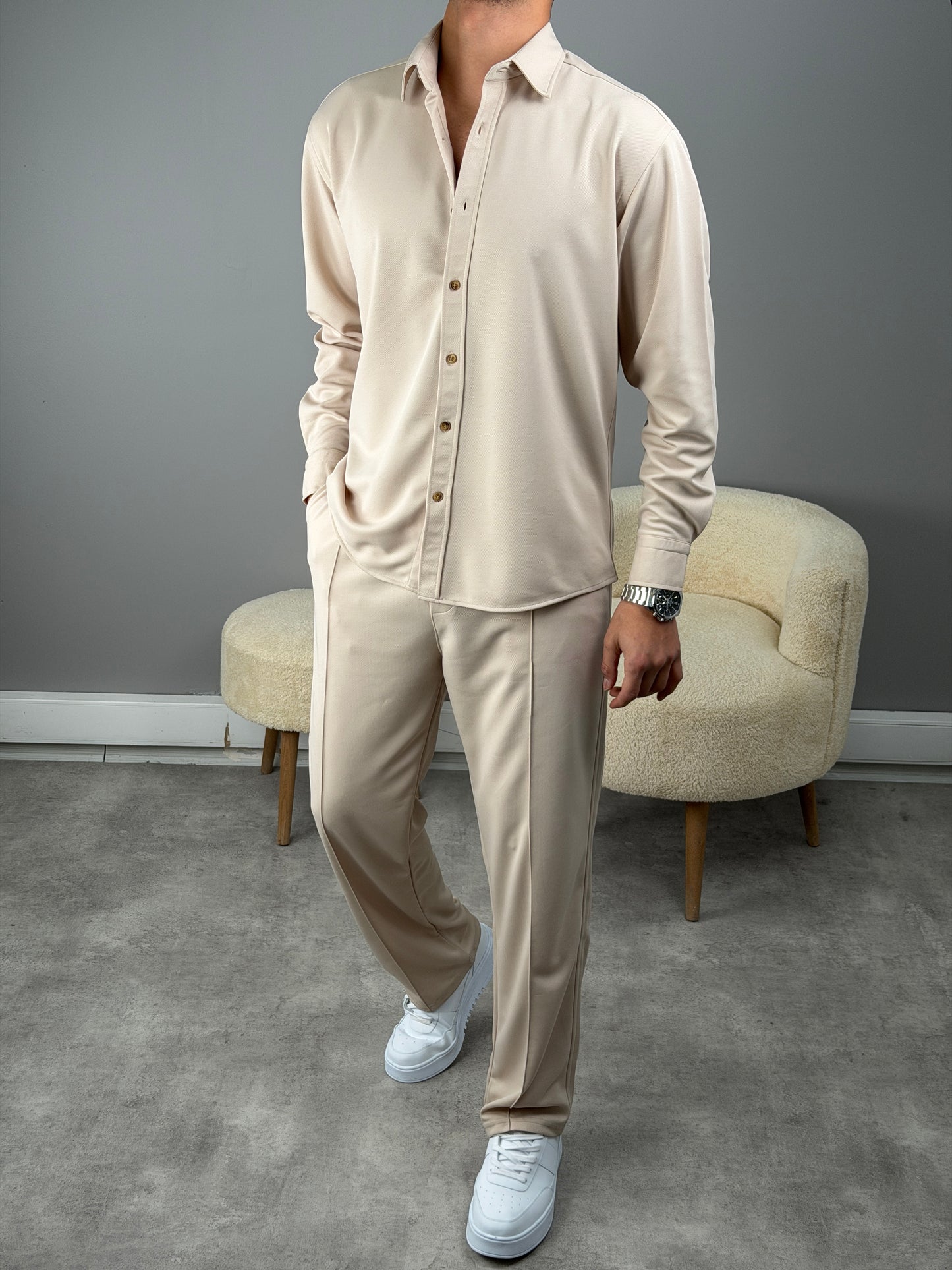 ÇİMA DETAYLI OVERSİZE GÖMLEKLİ TAKIM BEJ