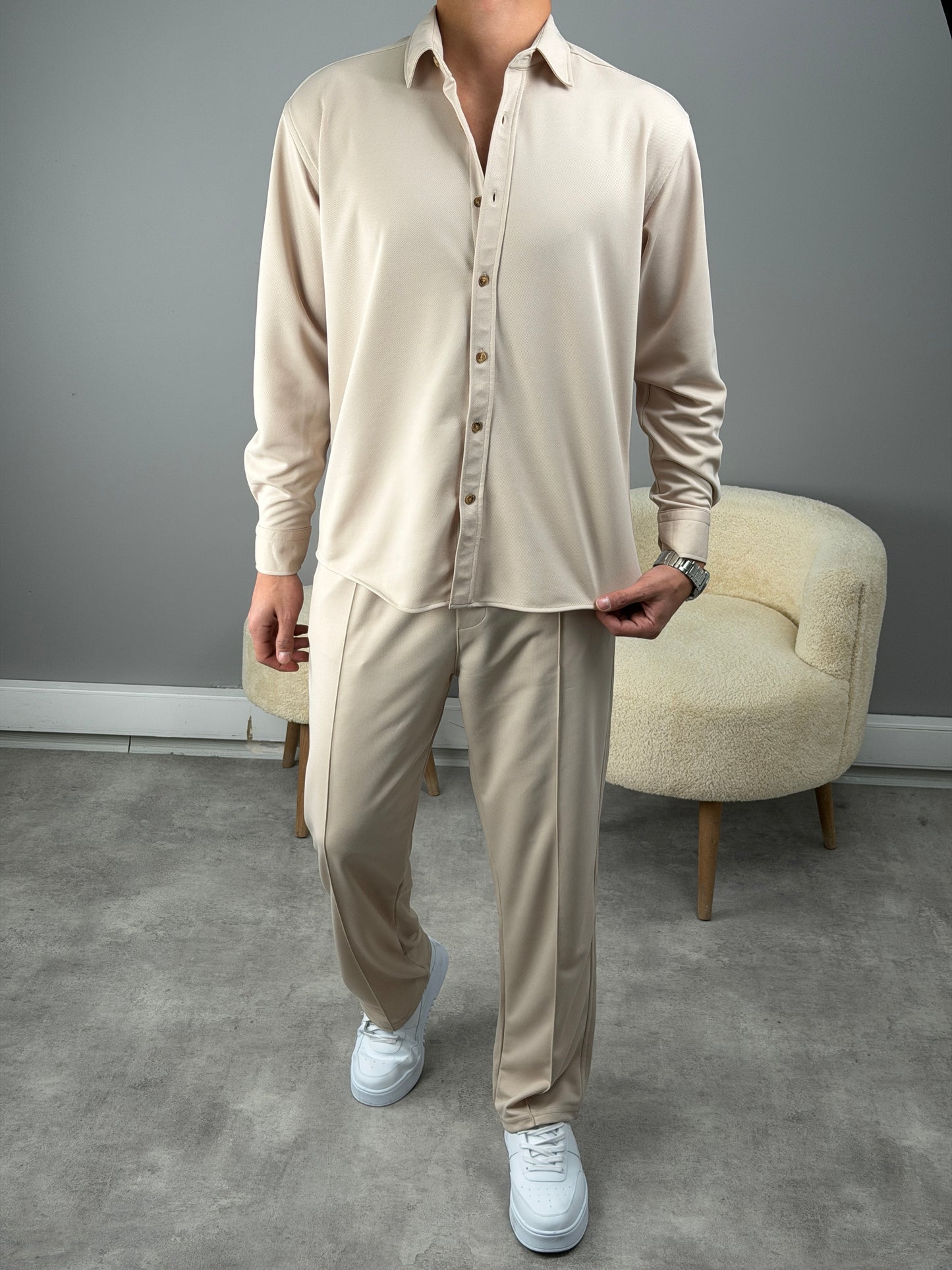 ÇİMA DETAYLI OVERSİZE GÖMLEKLİ TAKIM BEJ