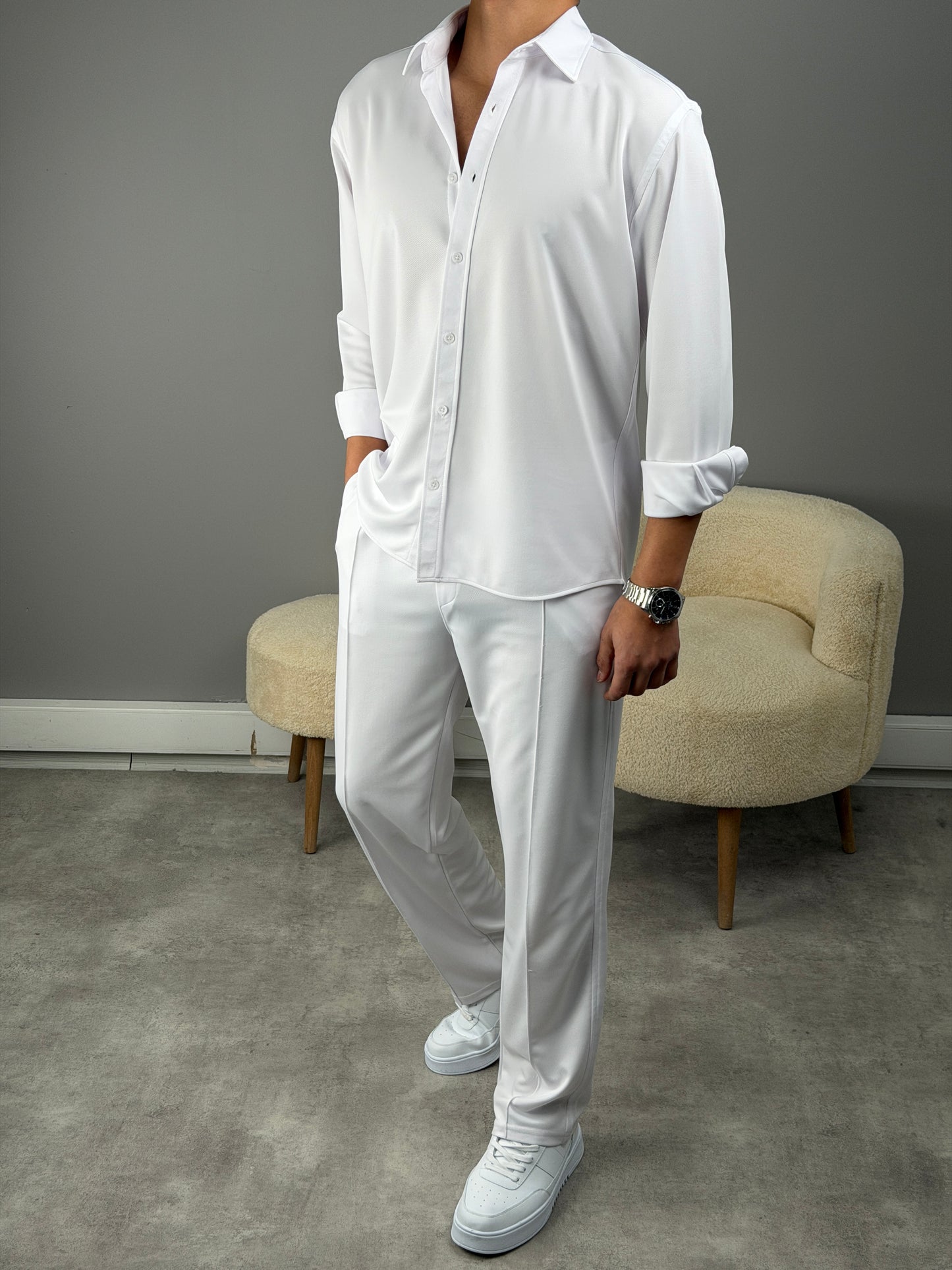 ÇİMA DETAYLI OVERSİZE GÖMLEKLİ TAKIM BEYAZ