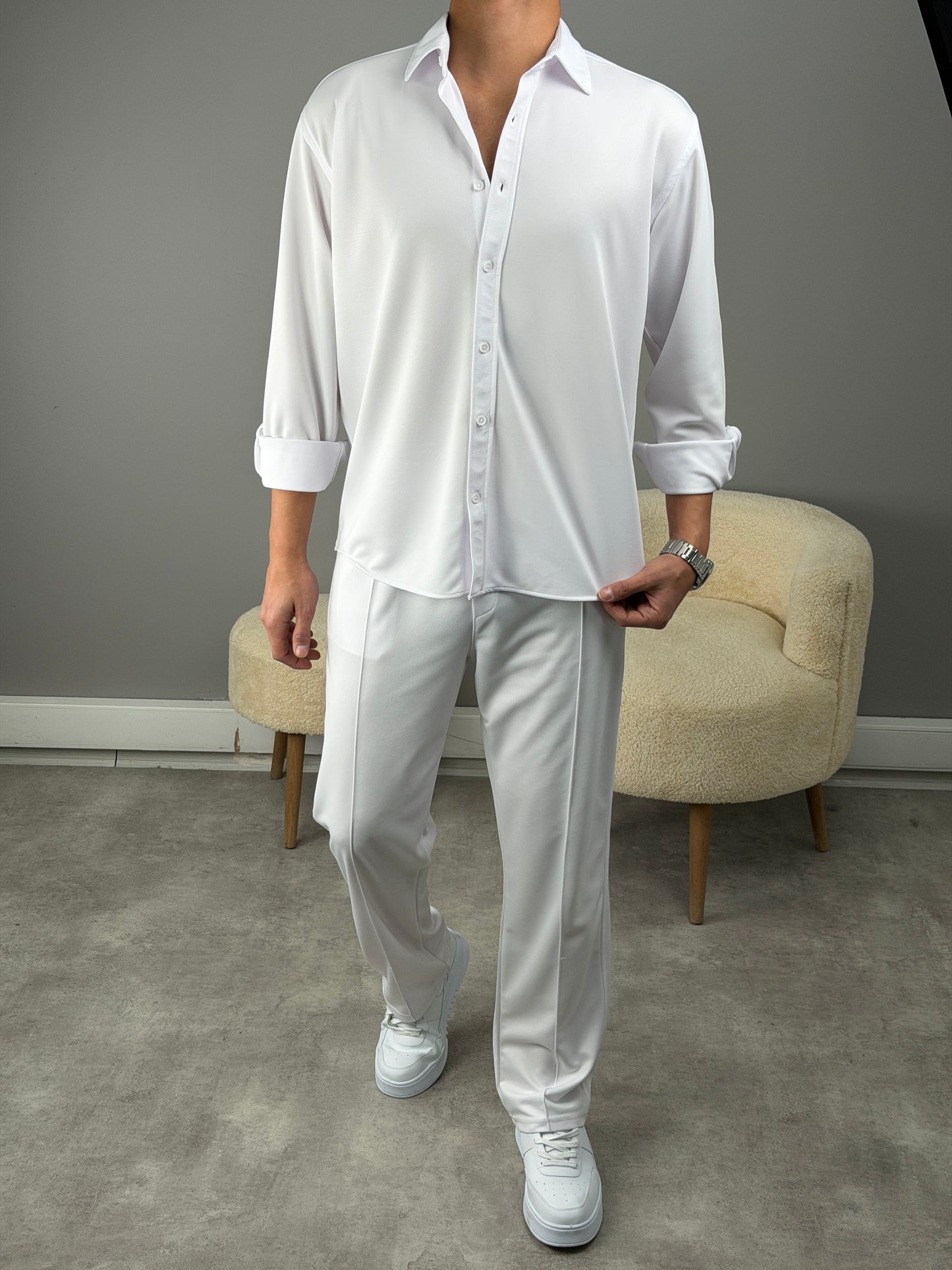 ÇİMA DETAYLI OVERSİZE GÖMLEKLİ TAKIM BEYAZ