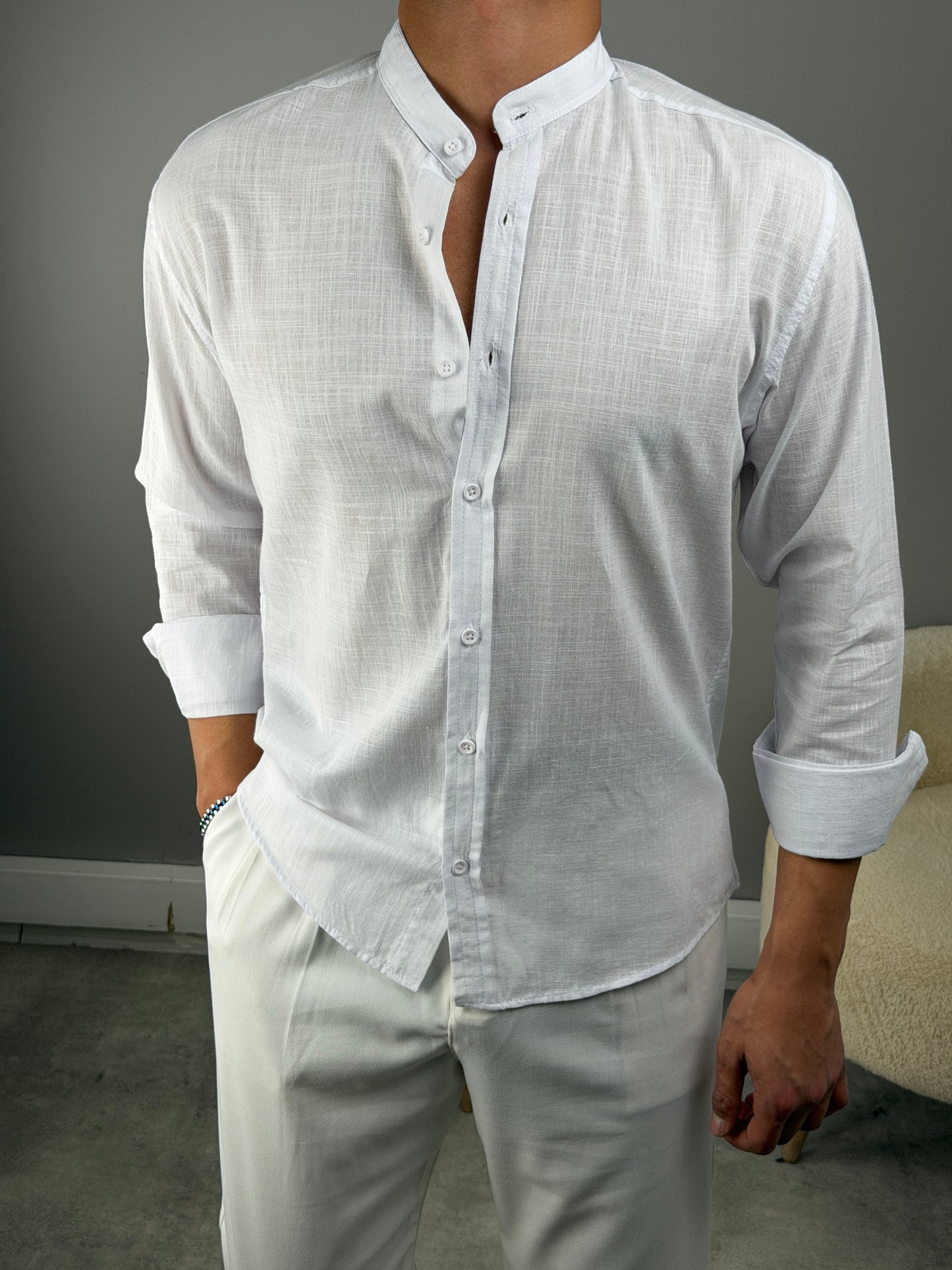 HAKİM YAKA REGULAR-FİT KALIP KETEN GÖMLEK BEYAZ