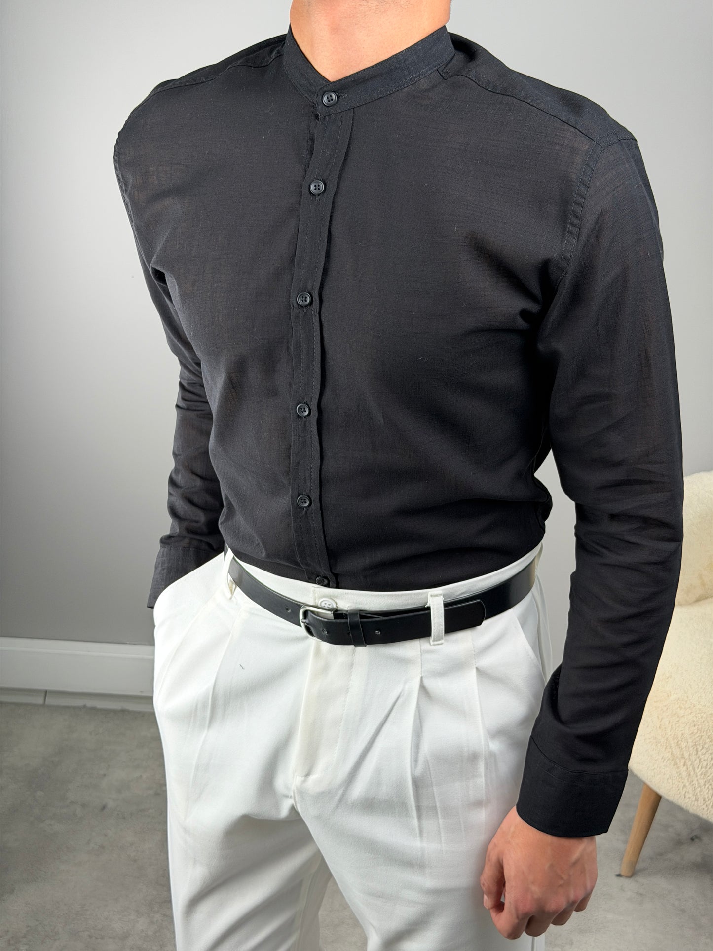 HAKİM YAKA REGULAR-FİT KALIP KETEN GÖMLEK SİYAH