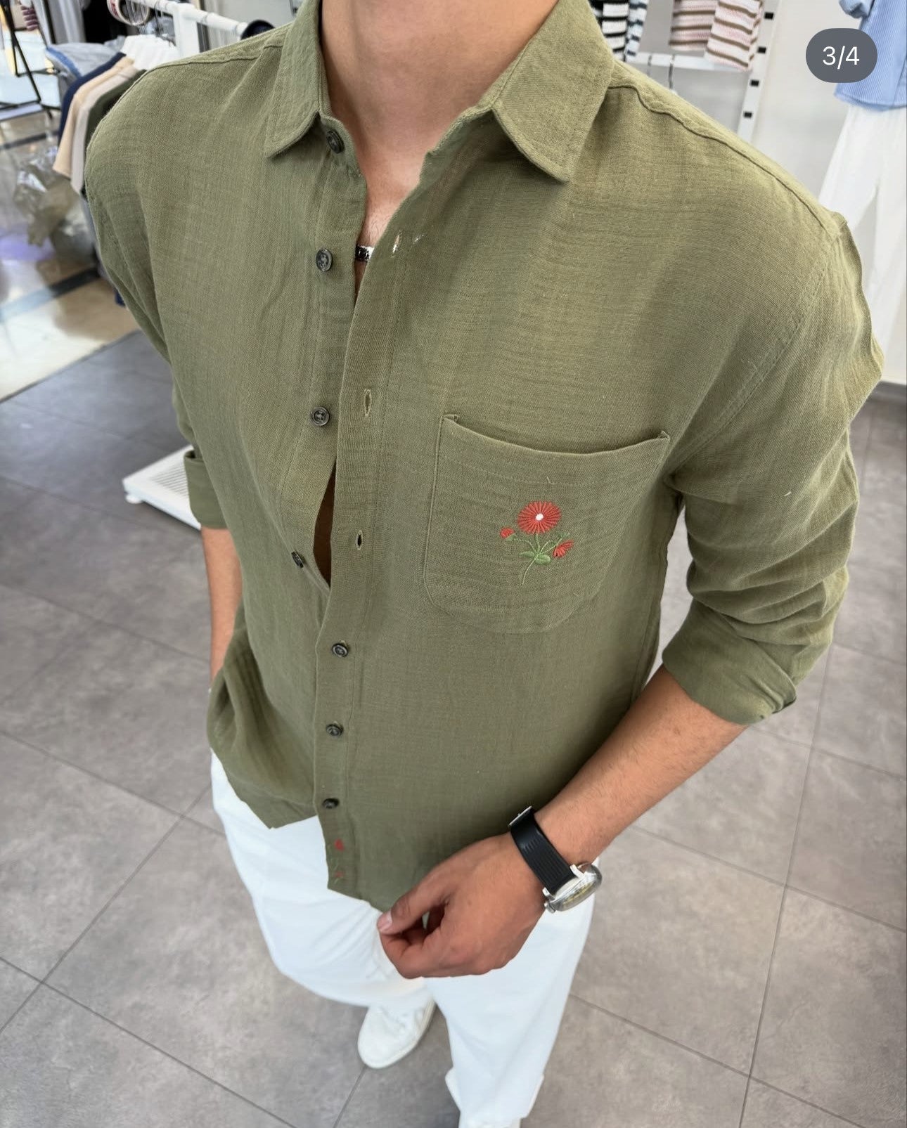 ÇEPLI NAKIŞ DETAYLI OVERSİZE MÜSLIM GÖMLEK YEŞİL