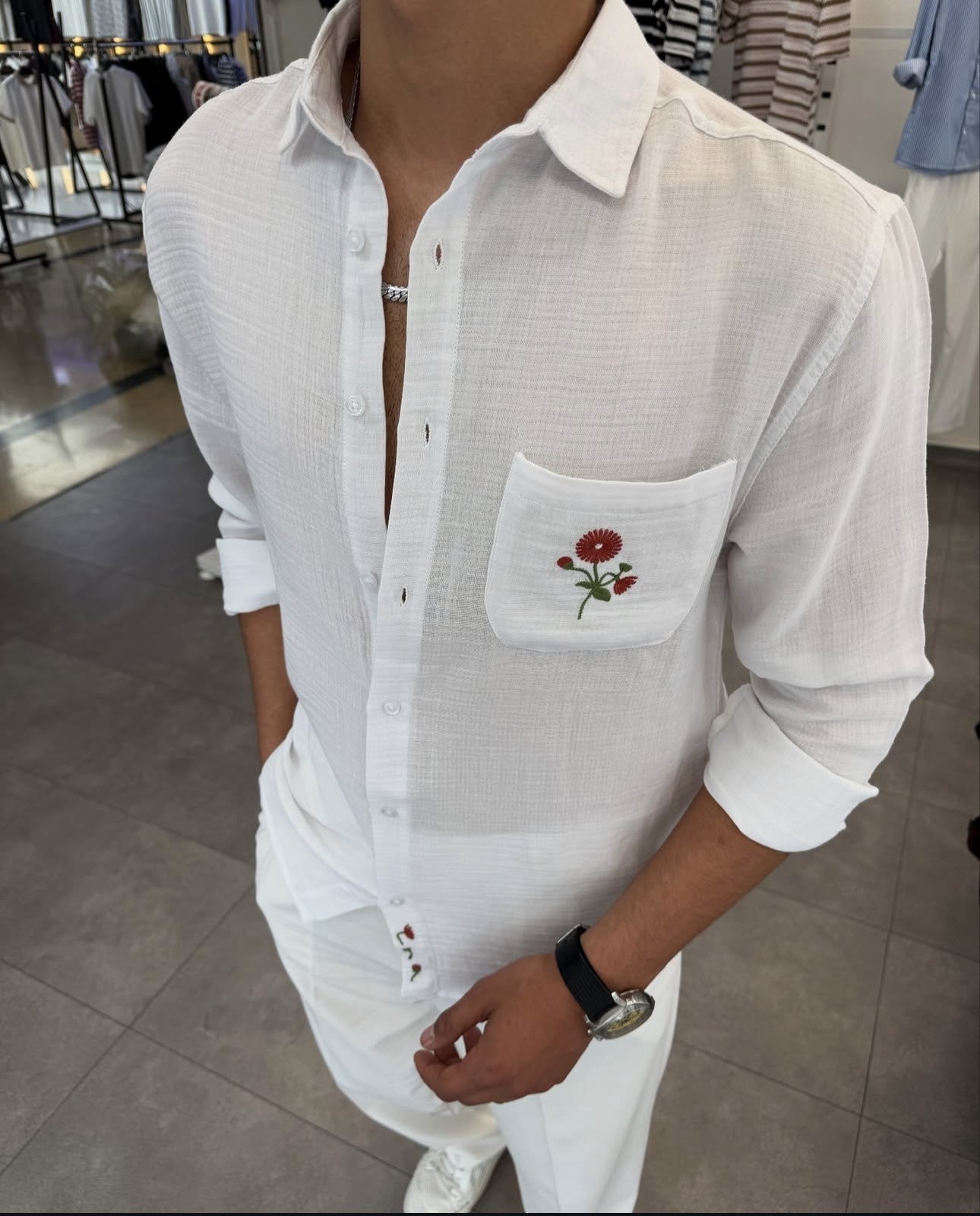 ÇEPLI NAKIŞ DETAYLI OVERSİZE MÜSLIM GÖMLEK BEYAZ