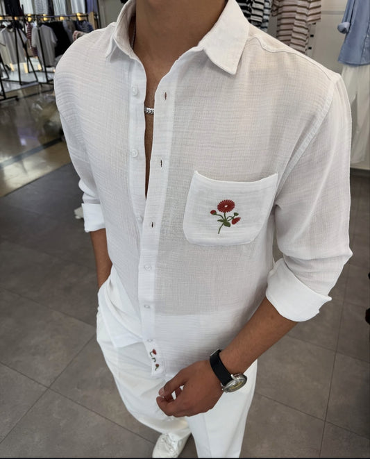 ÇEPLI NAKIŞ DETAYLI OVERSİZE MÜSLIM GÖMLEK BEYAZ