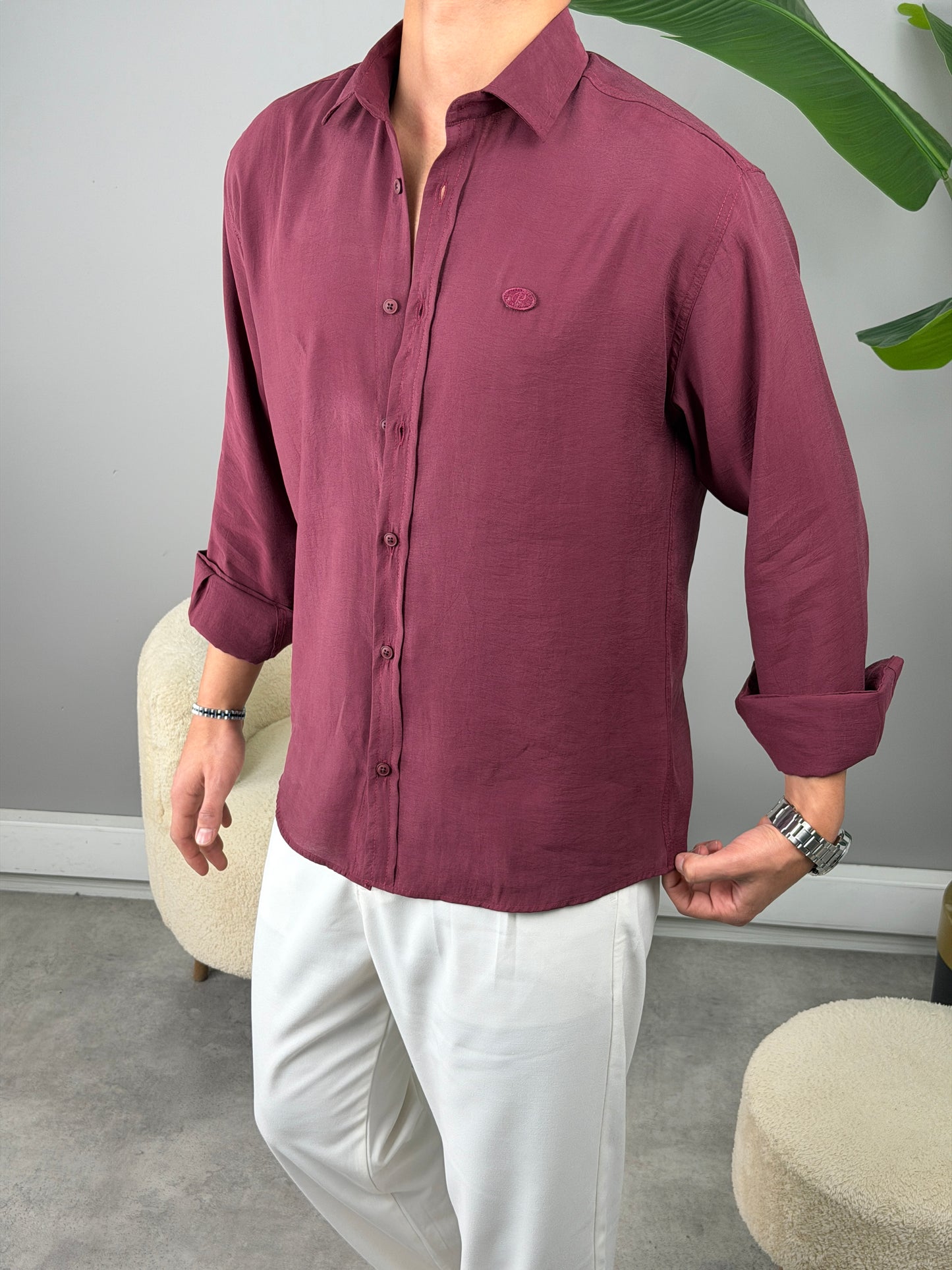 P NAKIŞ BASKILI MODAL GÖMLEK BORDO