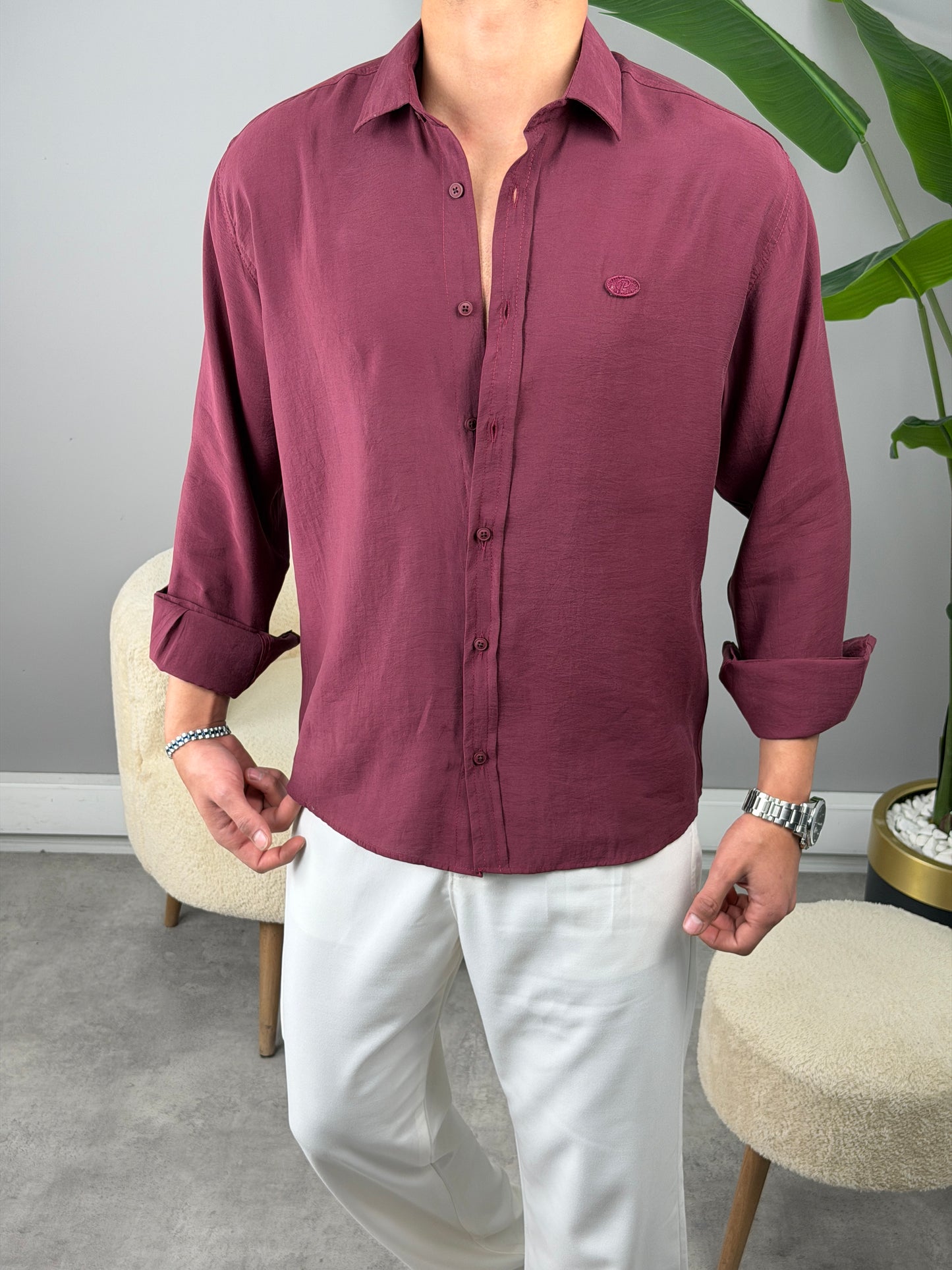 P NAKIŞ BASKILI MODAL GÖMLEK BORDO