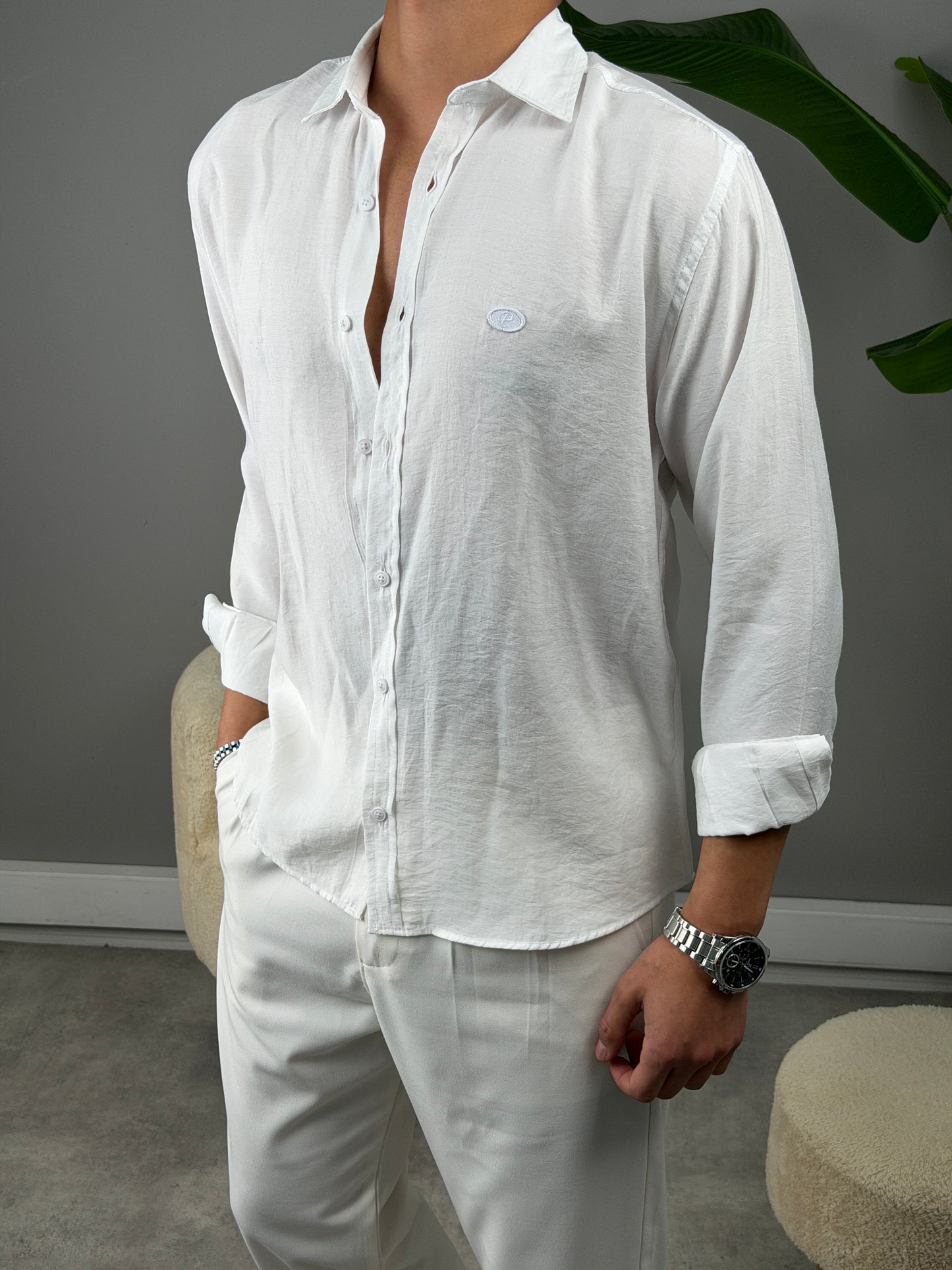 P NAKIŞ BASKILI MODAL GÖMLEK BEYAZ