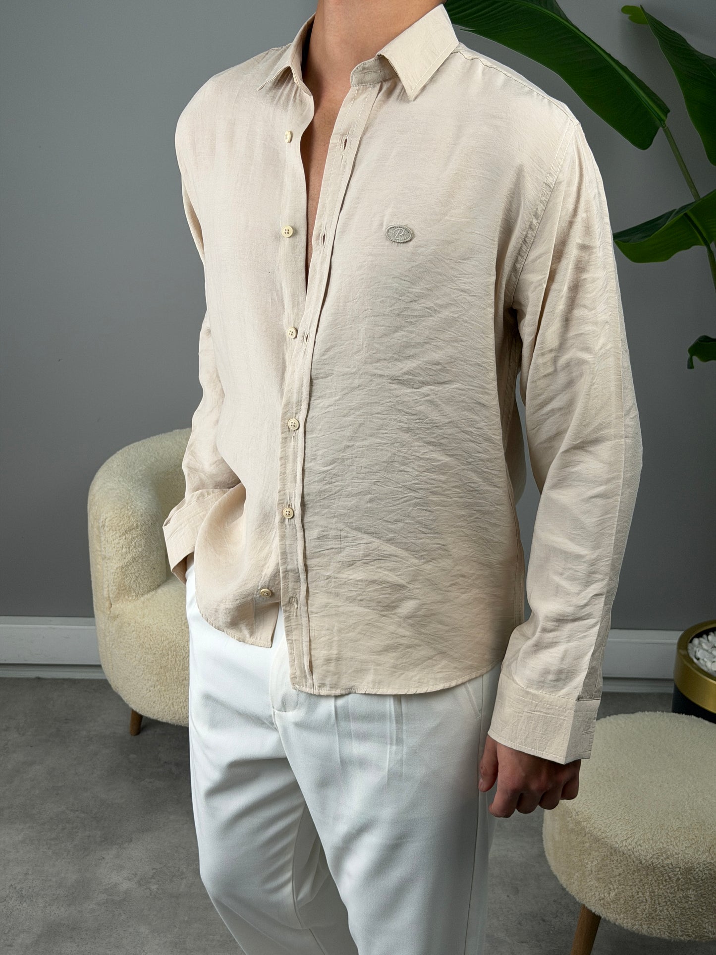 P NAKIŞ BASKILI MODAL GÖMLEK BEJ