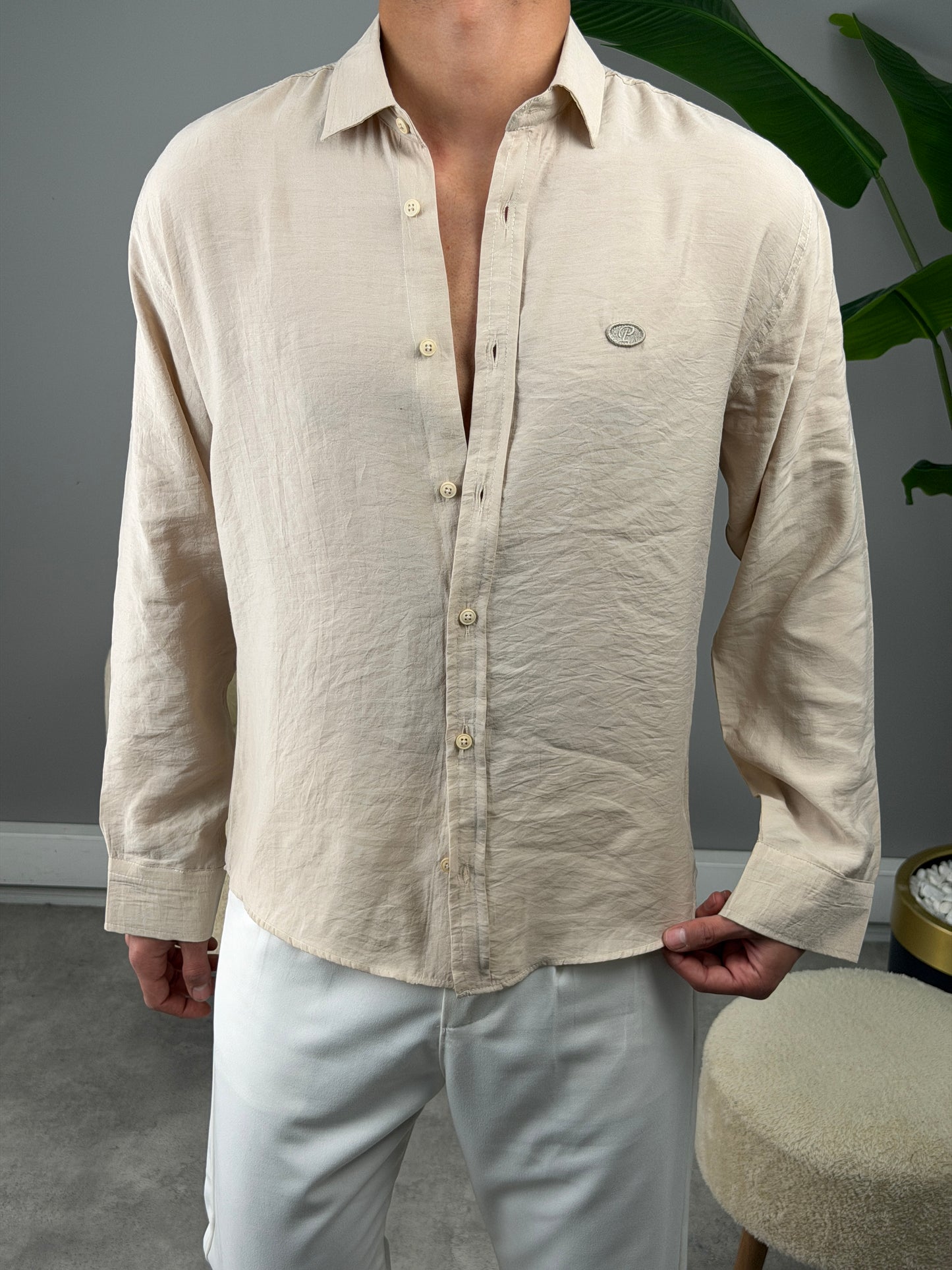 P NAKIŞ BASKILI MODAL GÖMLEK BEJ