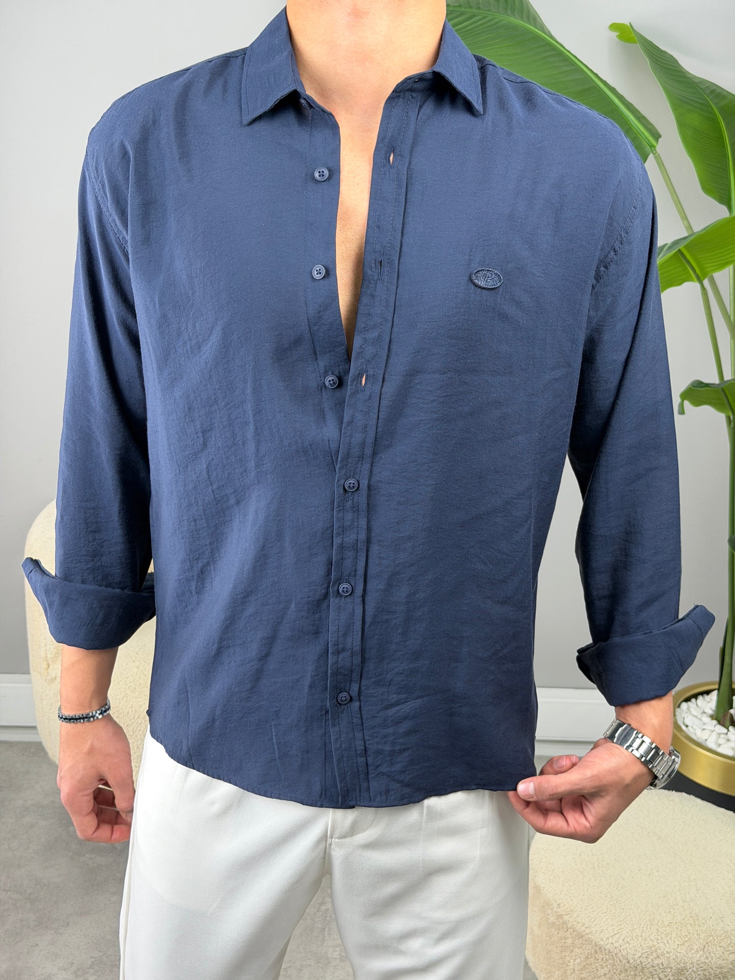 P NAKIŞ BASKILI MODAL GÖMLEK LACİVERT