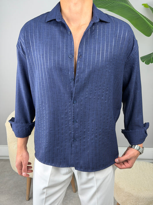 İNCE FİTİL DETAYLI KETEN GÖMLEK LACİVERT