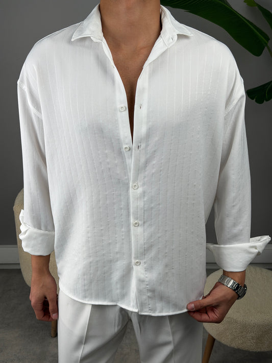 İNCE FİTİL DETAYLI KETEN GÖMLEK BEYAZ