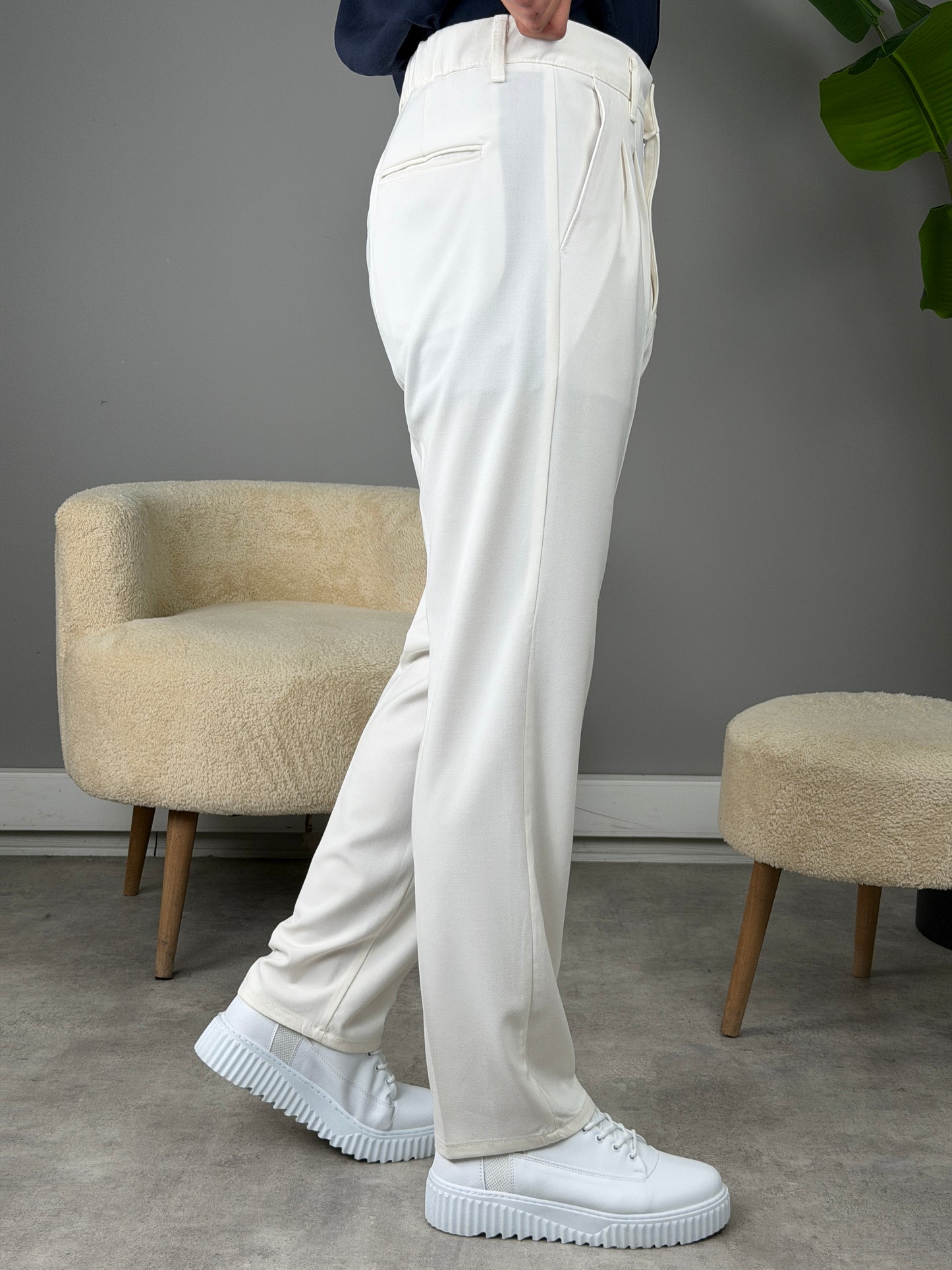 PİLELİ BAGGY KALIP KUMAŞ PANTOLON BEYAZ