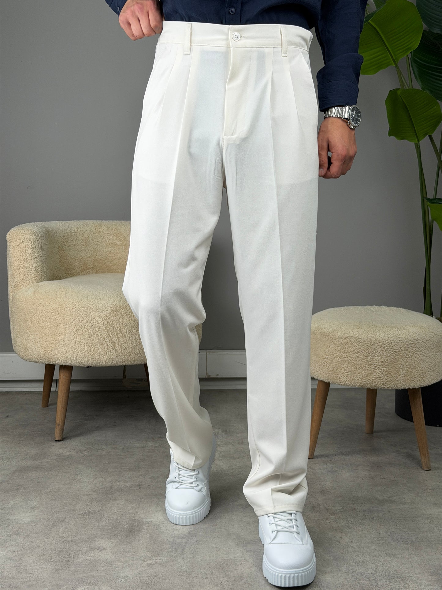 PİLELİ BAGGY KALIP KUMAŞ PANTOLON BEYAZ