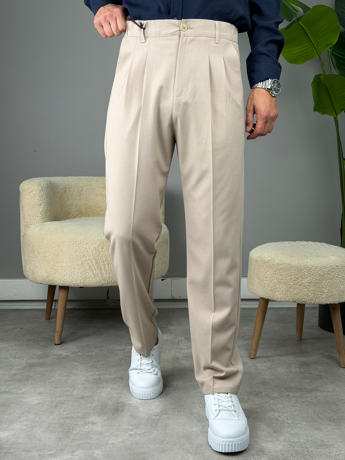 PİLELİ BAGGY KALIP KUMAŞ PANTOLON BEJ