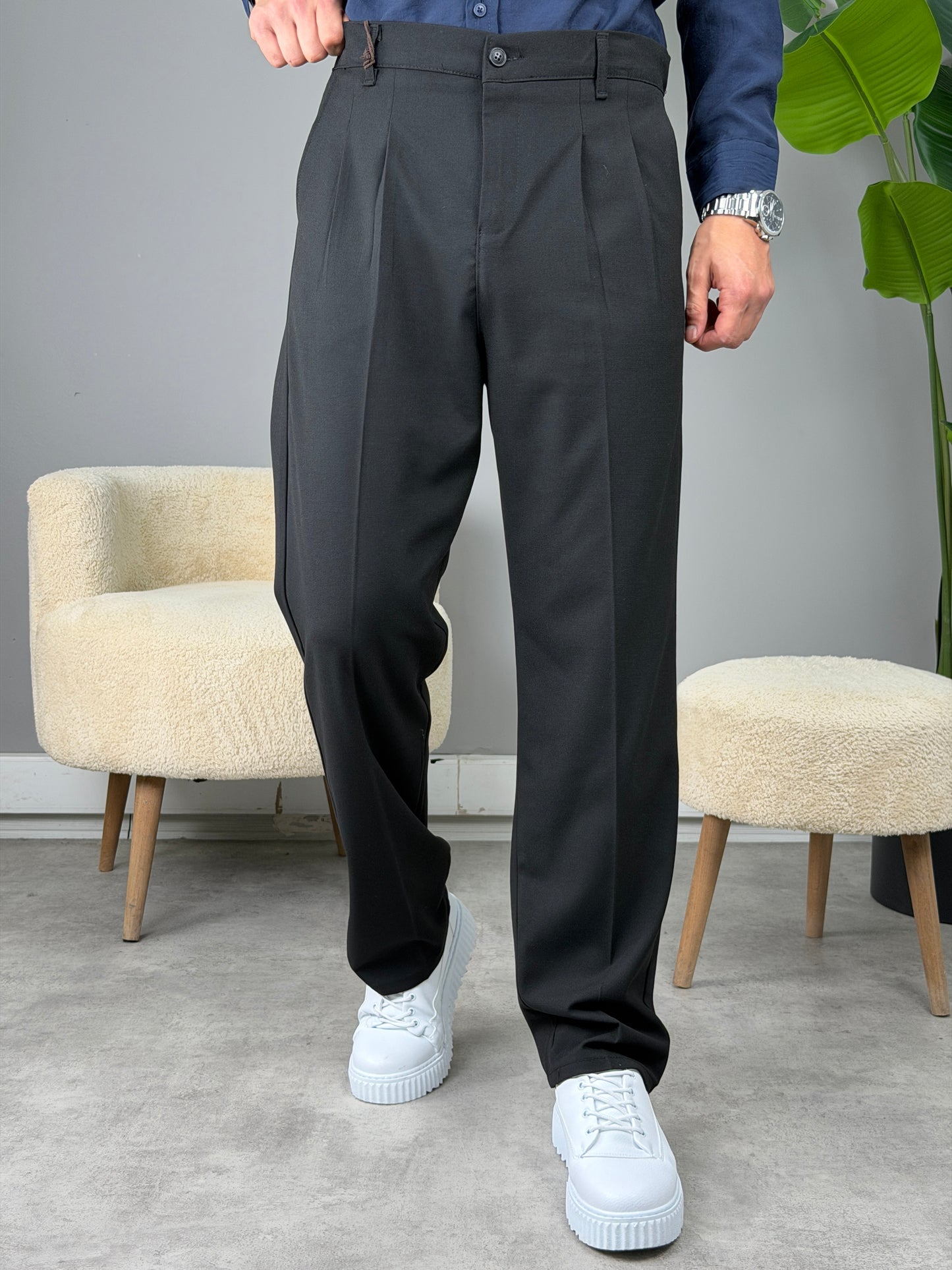 PİLELİ BAGGY KALIP KUMAŞ PANTOLON SİYAH