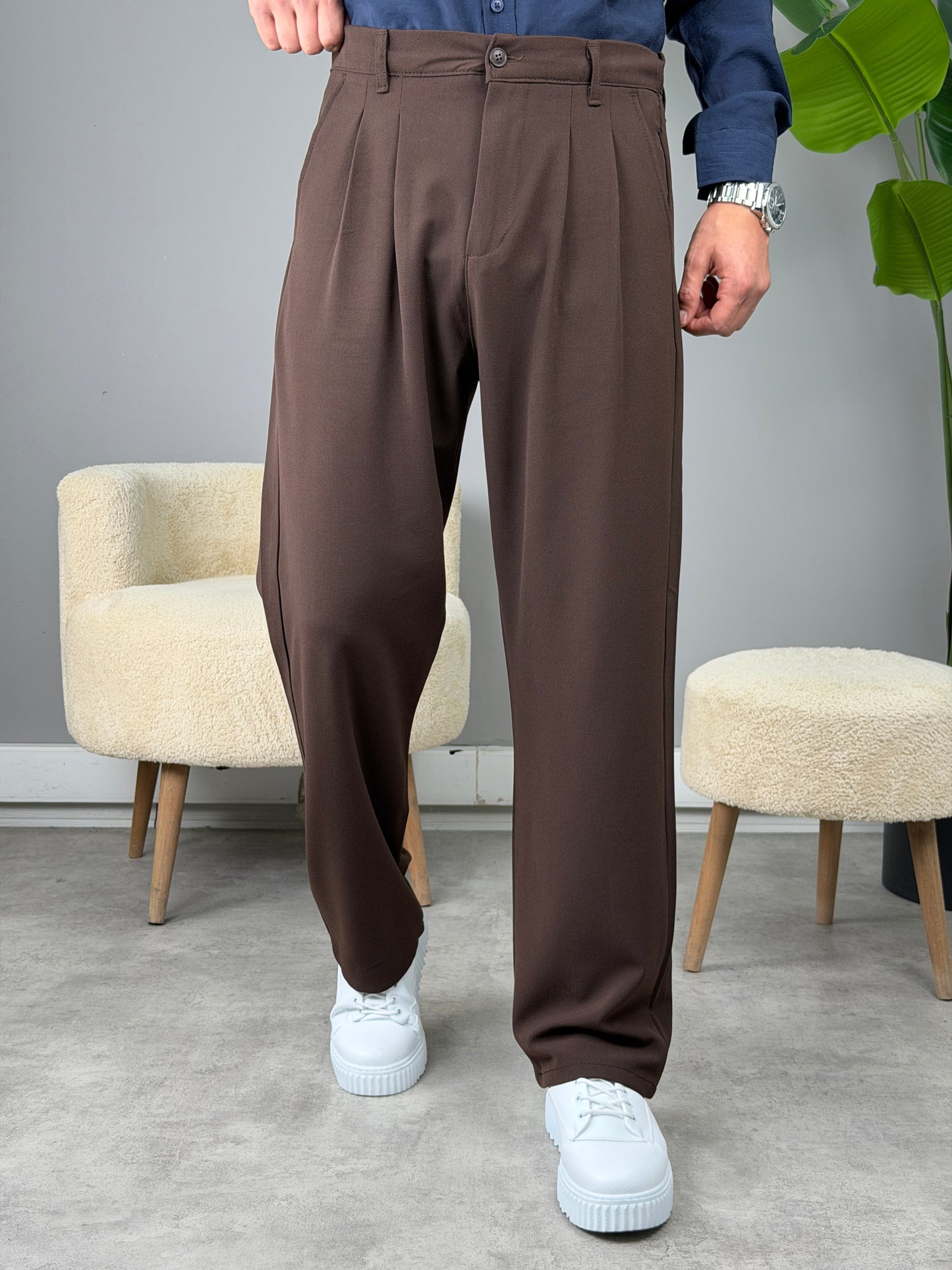 PİLELİ BAGGY KALIP KUMAŞ PANTOLON ACI KAHVE